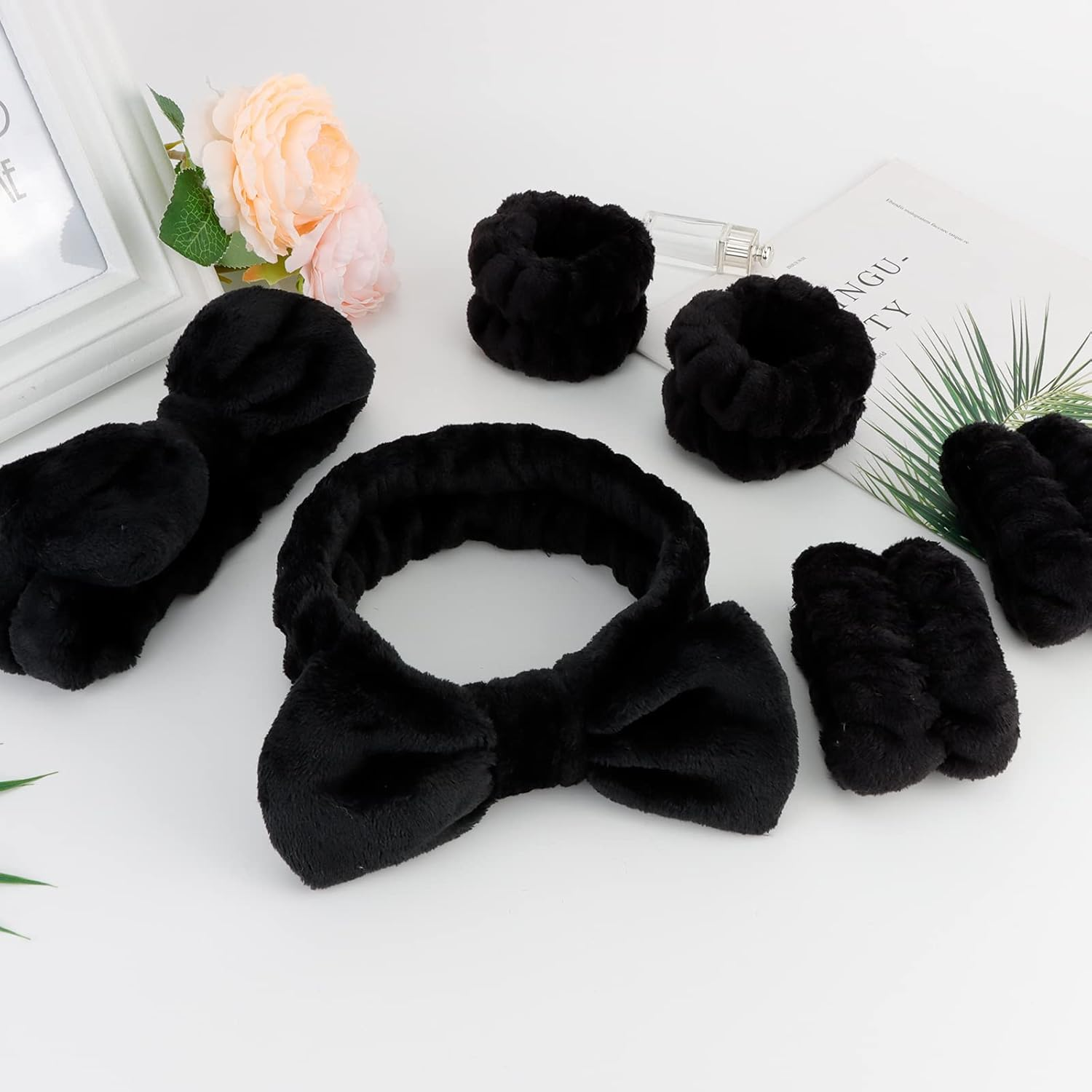 Casoty 6 Pcs Black Microfiber Hairband Set Soft Coral Fleece Material, Good Elasticity, Wide Application for Makeup Headband, Yoga, Reading, Work, Halloween Costume, Pajama Parties - Black+White image number 6