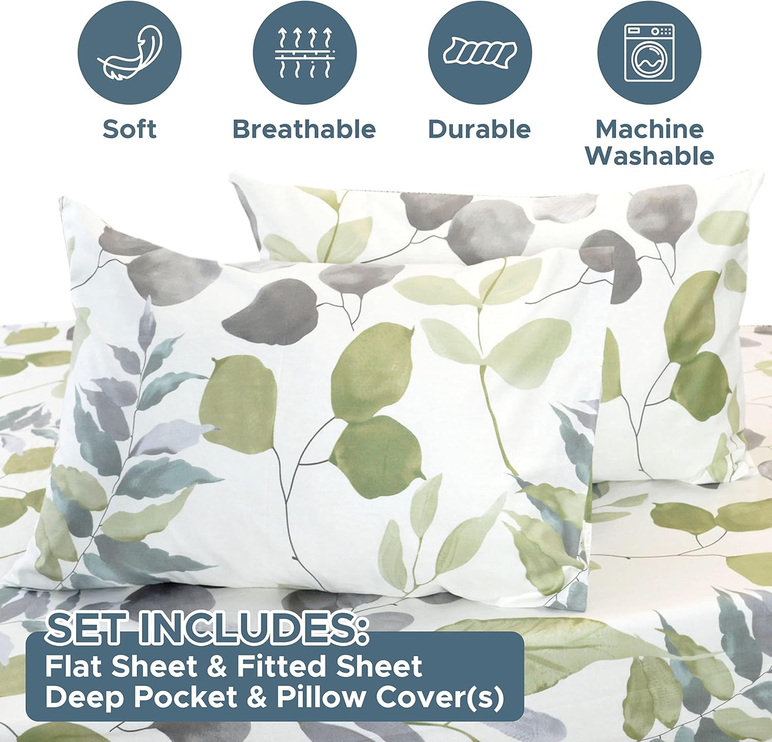 Essina Cotton Bed Sheets Set &ndash; 4 Pcs Super King Bedding Set with Deep Pocket Fitted Sheet, Flat Sheet, 2 Pillow Cases&ndash; 620 Thread Count- Cotton Bed Sheets Super King Size &ndash; Watercolour