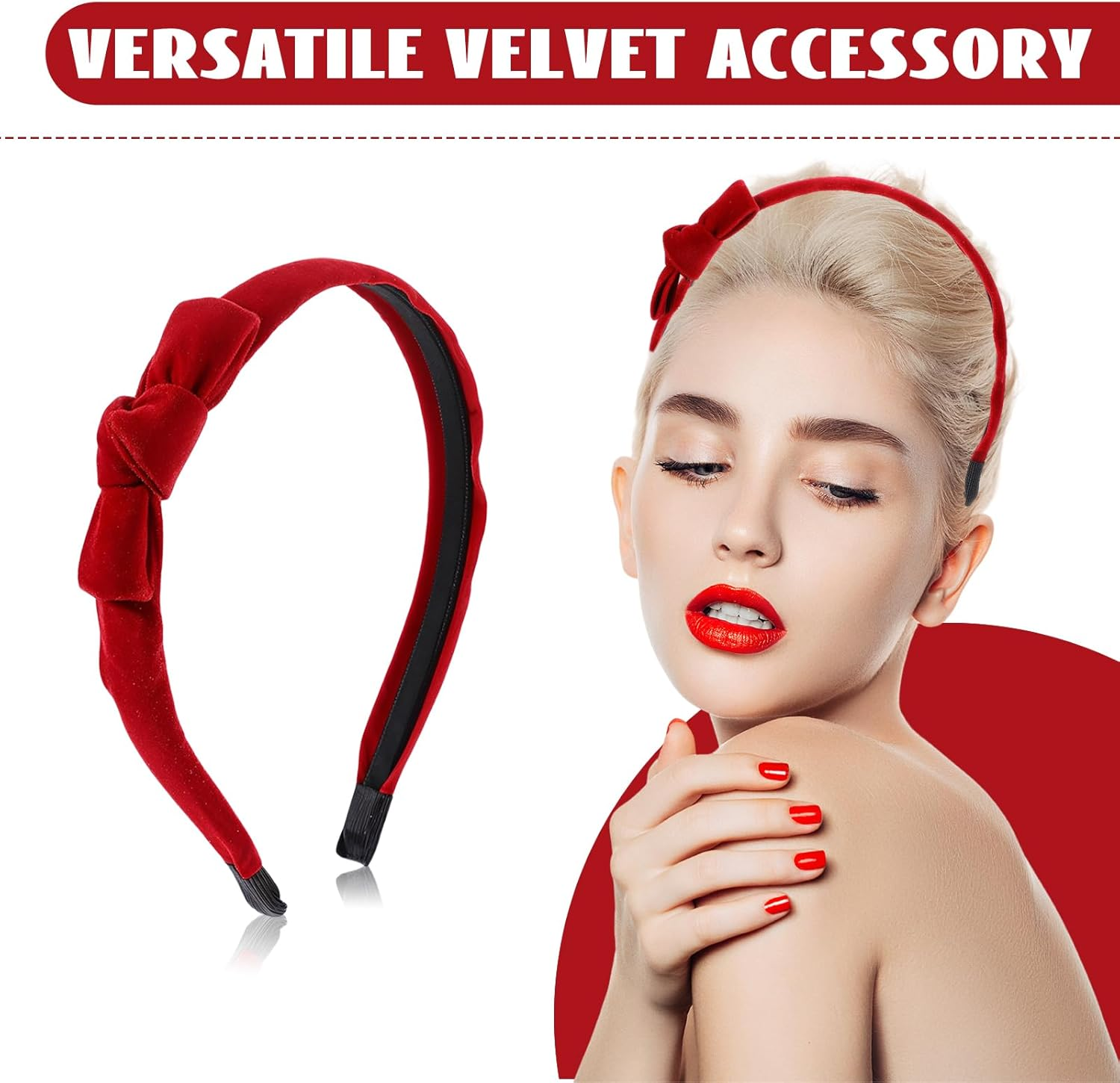 TELAIN Set of 3 Red Velvet Headband and Bows Set, Elegant Hair Accessories with Alligator Clips, Comfortable and Versatile for Stylish Looks image number 2