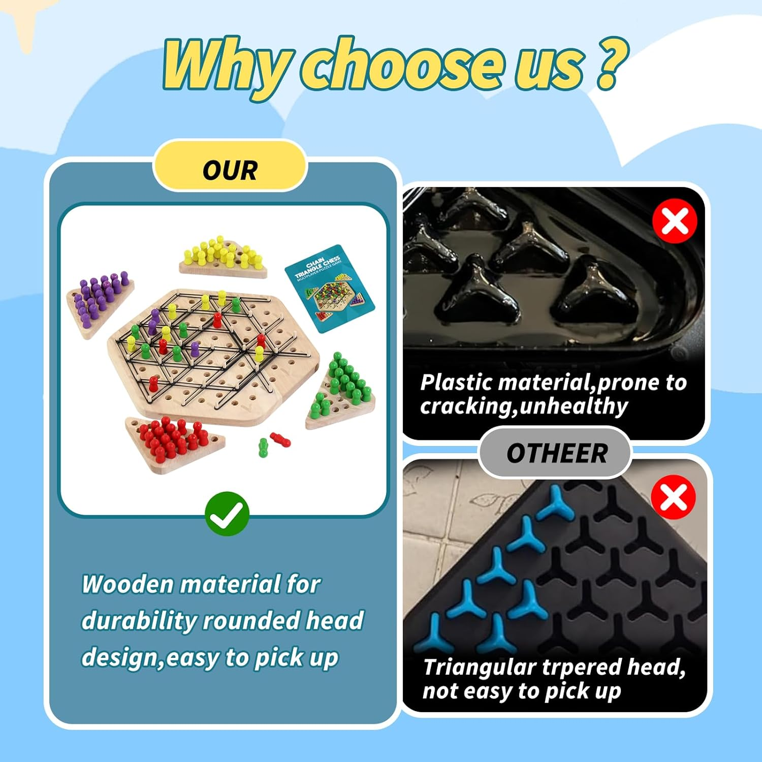 Chain Triangle Chess Game Wooden, Triggle Game for Kids and Adults, Multiplayer Puzzle Game, 2 to 4 Players