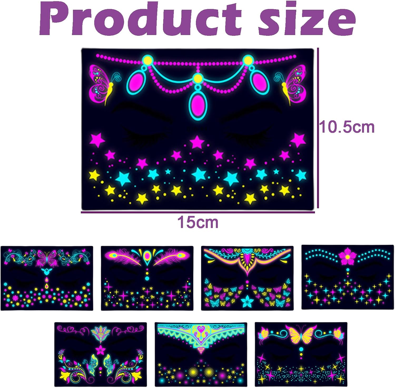 Treayes Glow in the Dark Temporary Tattoos, 8 Pcs Fake Tattoos Stickers, Fake Face Tattoos Stickers for Glow Party Adults Girls Women Festival Bar Party Supplies, Floral Body Paint Flowers Butterfly image number 5