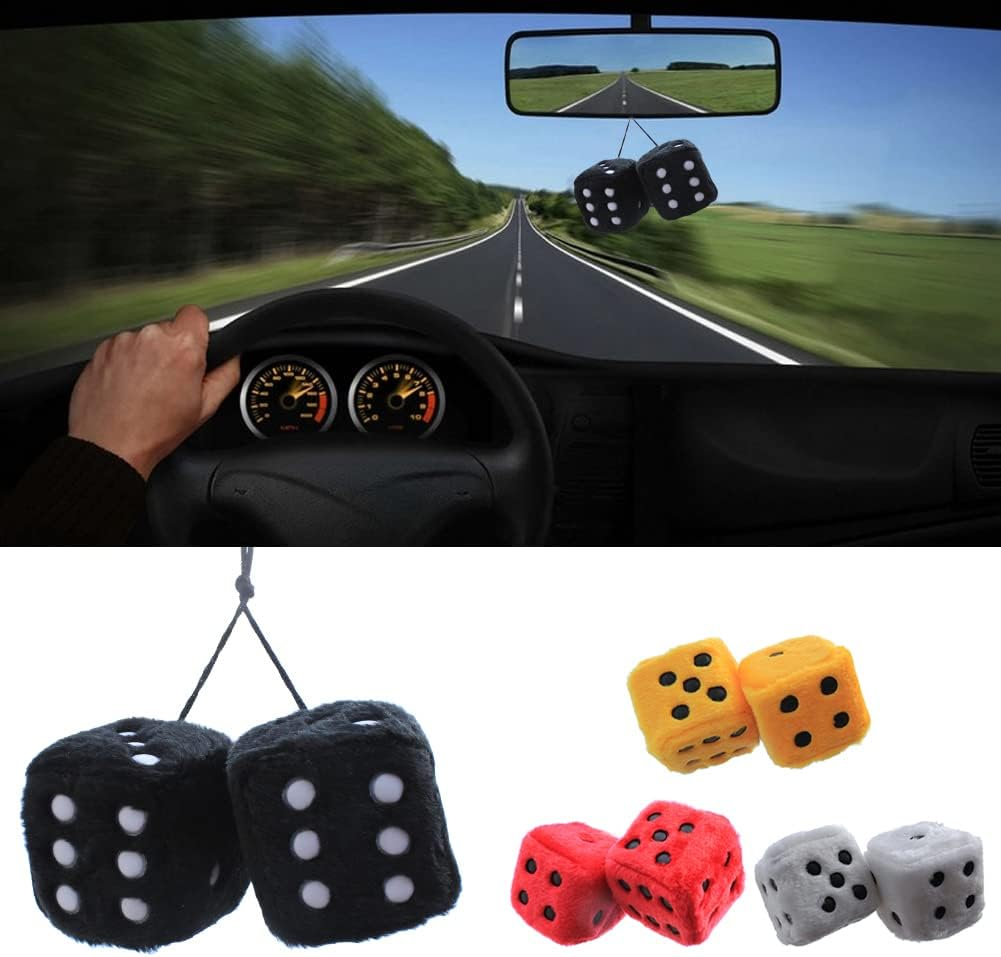 Dice Car Decorations | Square Car Pendant Plush Dice | Dice Car Decorations Car Dice Soft Fuzzy Decorative Vehicle Pendant Dice with White Dots - Pair Fuzzy Dice Retro Square Pochy - Yellow image number 6
