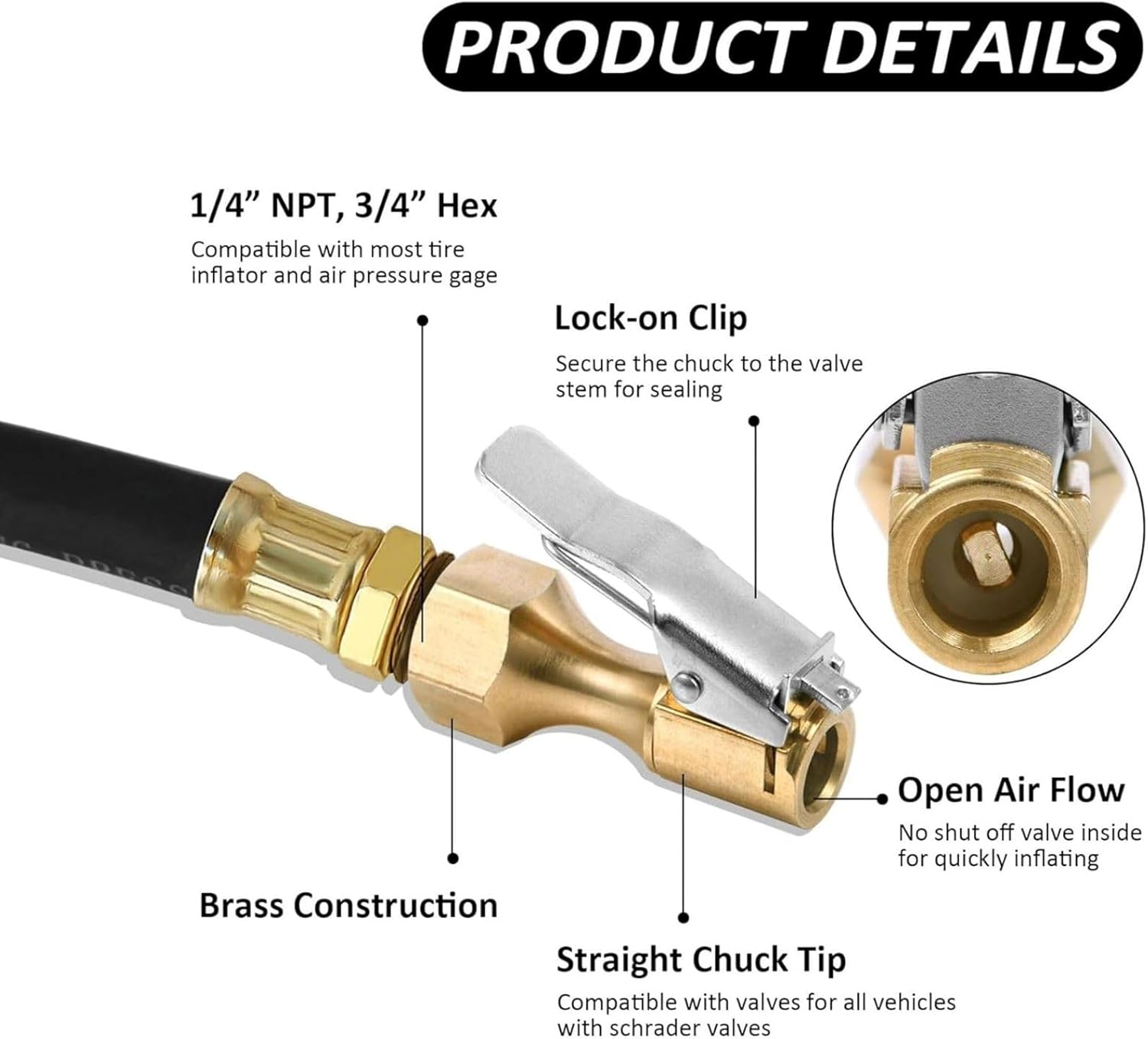 Deflateable Air Chuck Locking Presta Air Chuck for Bike Tires, 1/4" NPT Lock on Thread image number 6