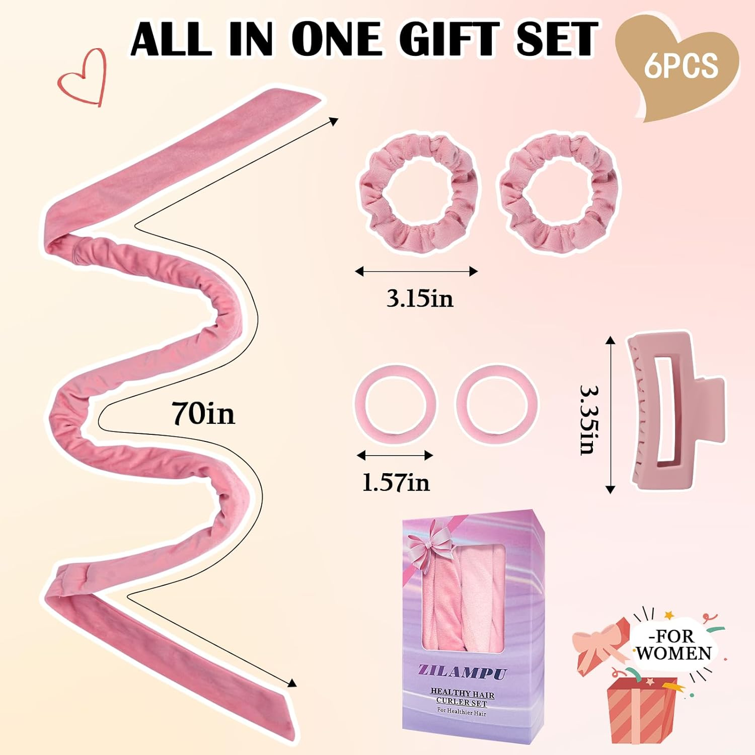 ZILAMPU No Heat Overnight Curling Headband for Long Waves, 70" Soft Curl Wrap for Women Girls, 6 PCS Curling Rod Gift Set - Pink image number 2