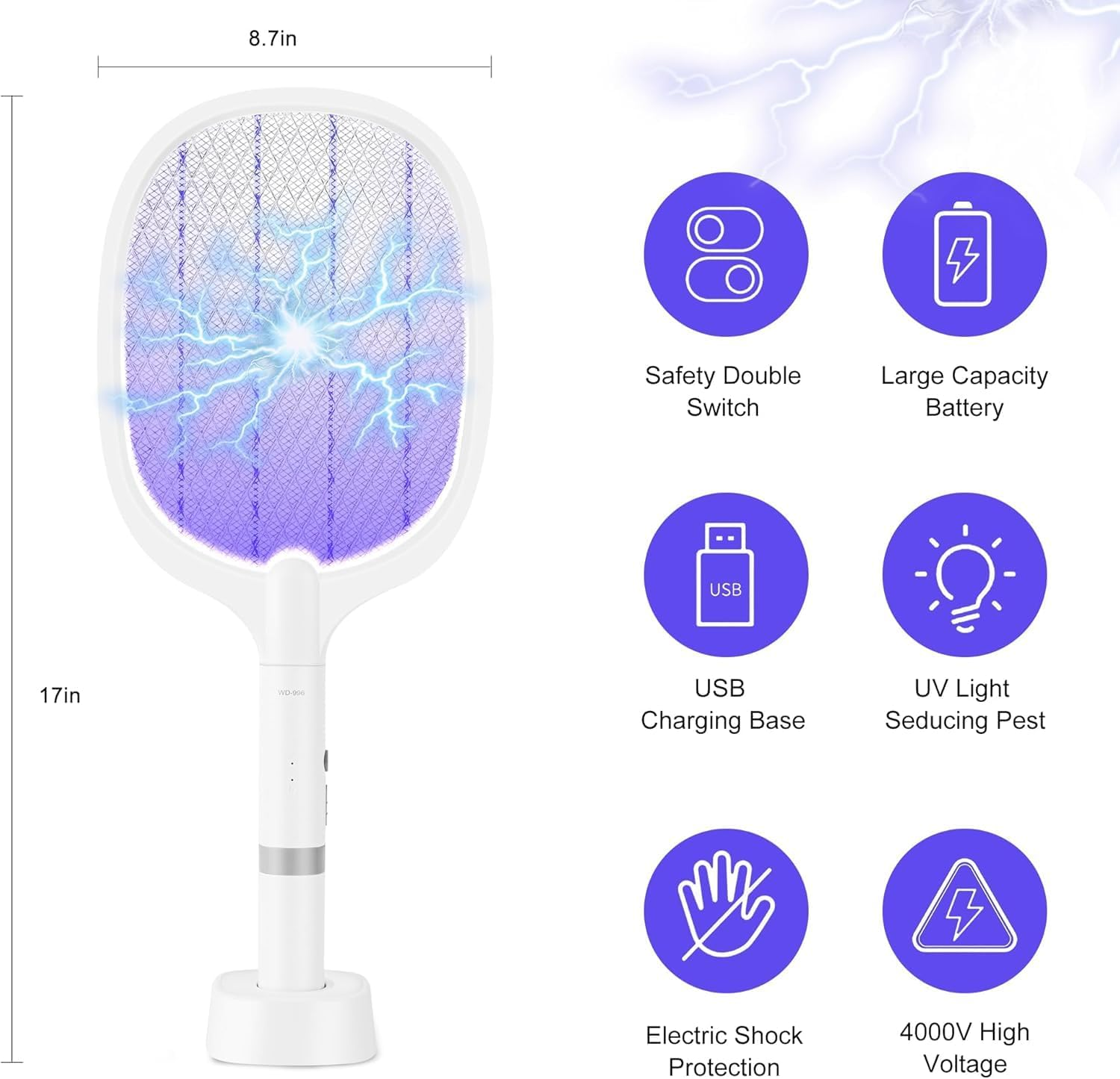 Peacafulife Electric Fly Swatter Rechargeable 4000V Bug Zapper Racket, 2-In-1 Detachable Bug Swatter Mosquito Killer with Purple Light & 3-Layer Safety Nets Portable Fly Zapper for Indoor Outdoor image number 1