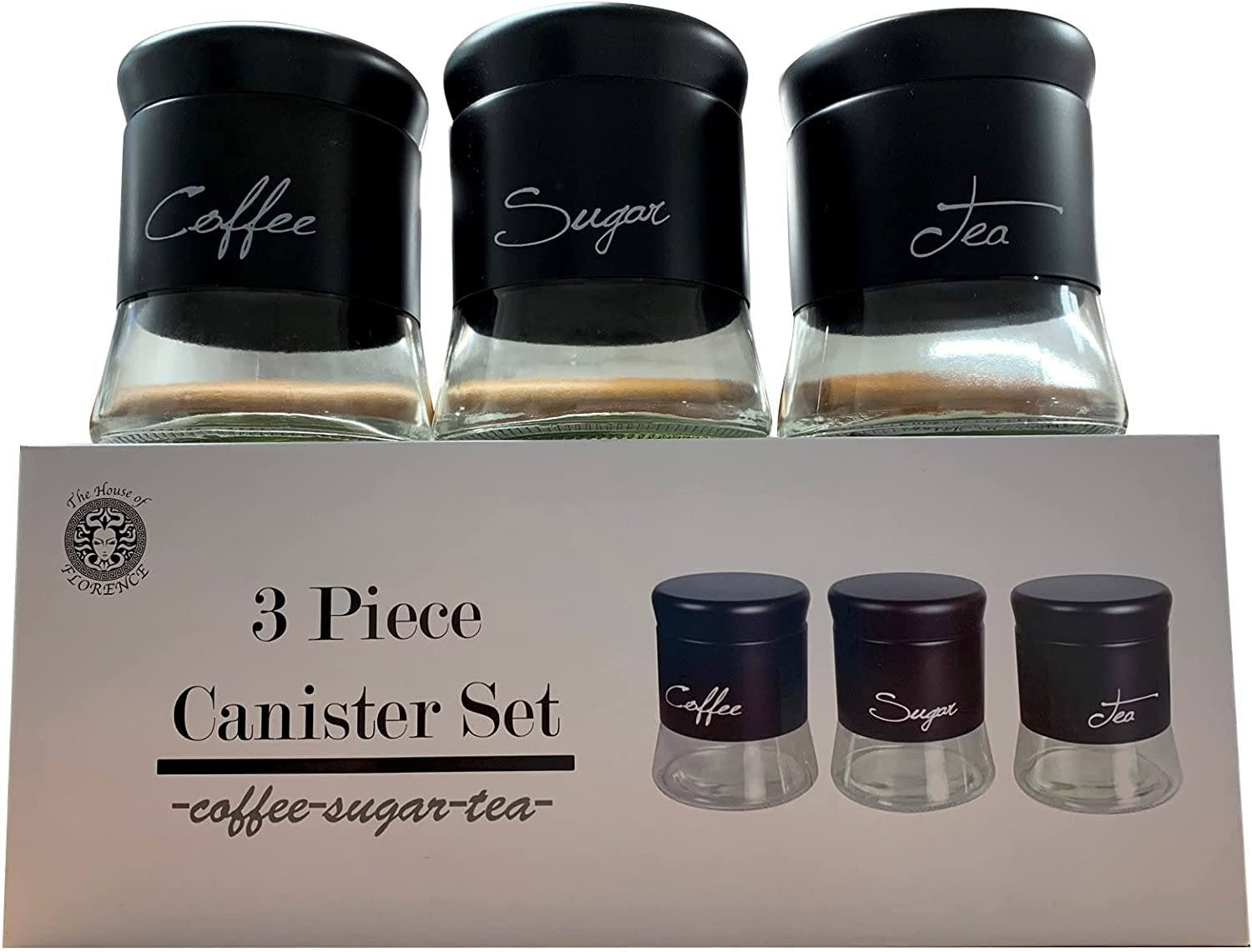 The House of Florence Glass Canisters 3 Piece Set, Black