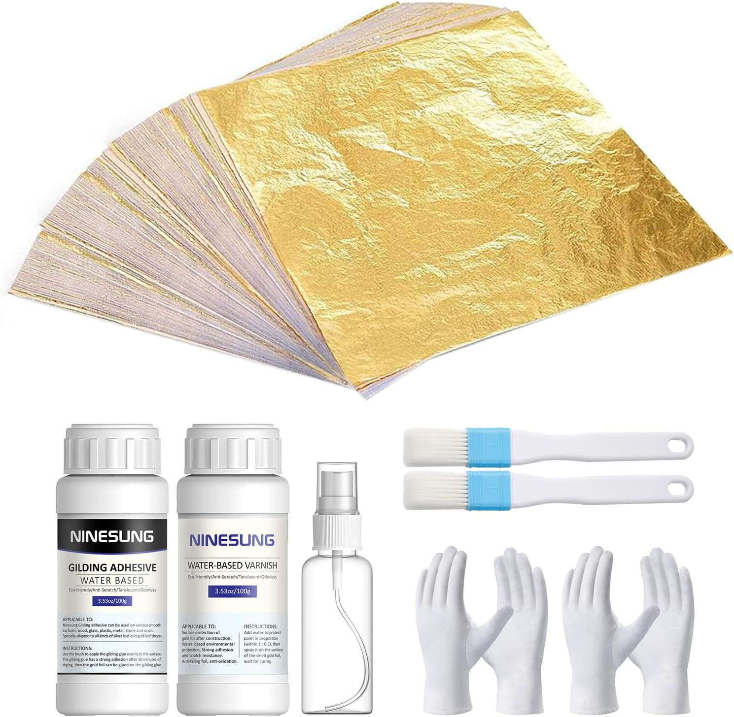 Ninesung Gold Leaf Kit | Gold Leaf Adhesive Set | 100Ml Water Based Adhesive and 100Ml Varnish | 100 Pcs Gold Leaf Sheets | 2 Brushes | with Spray Bottle | Gold Leaf Sheets for Art Craft, Painting image number 5