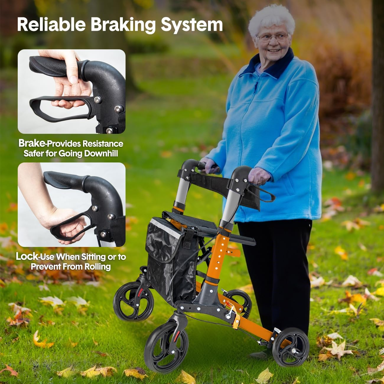 Rollator Walker with Seat, 4 Large Wheels, Height Adjustable Mobility Walking Aid Support for Senior, Foldable with Brakes Orange image number 3