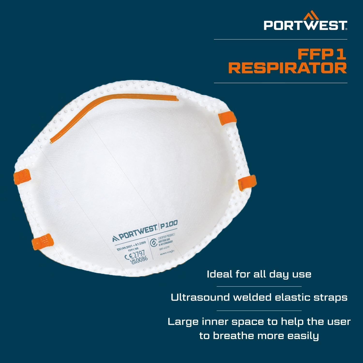 Portwest P100 Disposable FFP1 Respirator Face Mask (Pack of 20) White image number 2