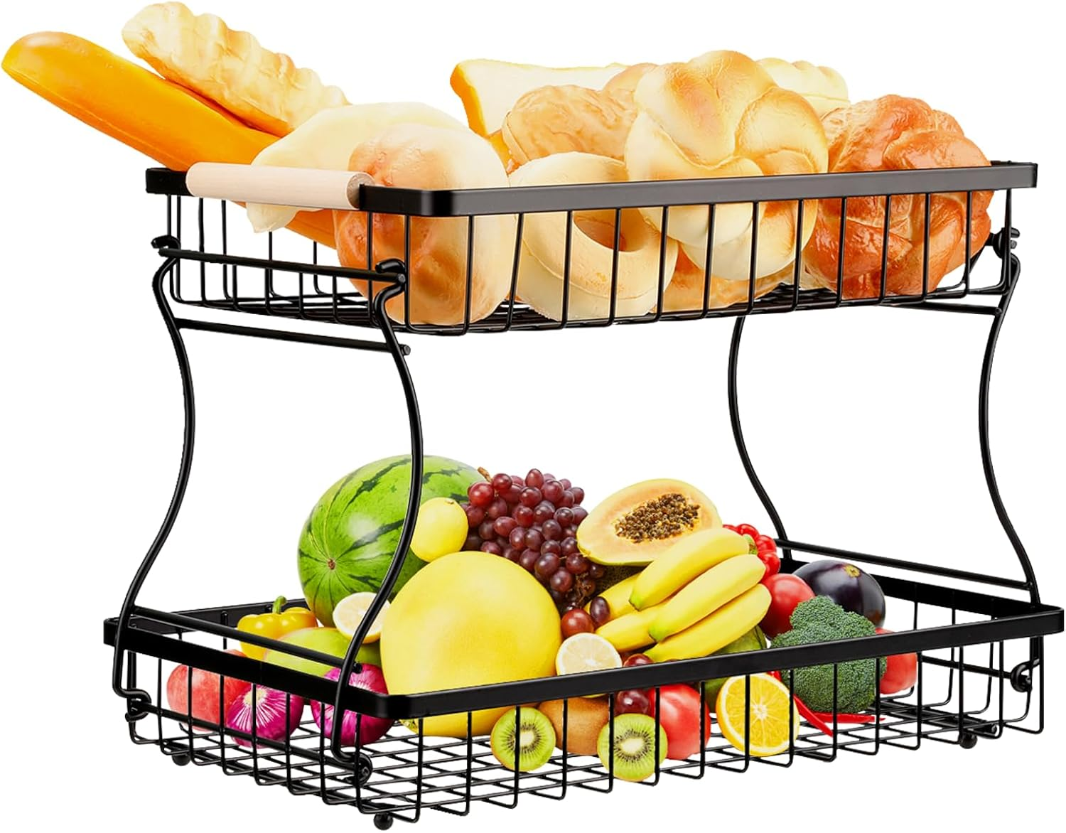 VINATO Fruit Basket, Fruit Stand 2 Tier with Wooden Handles for Kitchen, Bathroom & More - Fruit Stand, Vegetable & Kitchen Organisation, Snack Organiser, Black image number 1