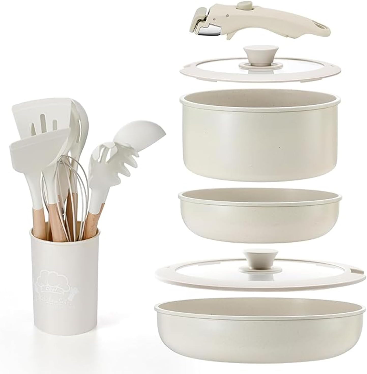 IPOW Pots and Pans Set Non Stick, 15PCS Cookware with Frying Pans & Saucepan, Detachable Handle and Cooking Utensils Set, Oven Safe, Space Saving image number 4