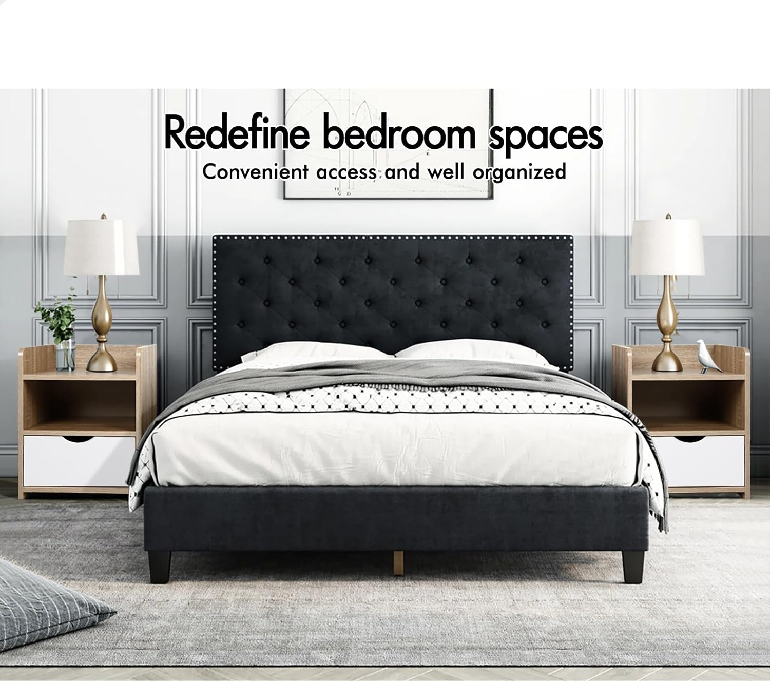 ALFORDSON Hamptons Bedside Table, 37.5Wx 34Dx 45Hcm, Bedroom Nightstand Cabinet, Wooden Sofa Side Chest End Table with Ample Drawer, Open Shelf, Hallway, Living Room Storage Furniture, Wood White - 1 Drawer-Shelves-Black-Air Gap Handle image number 6