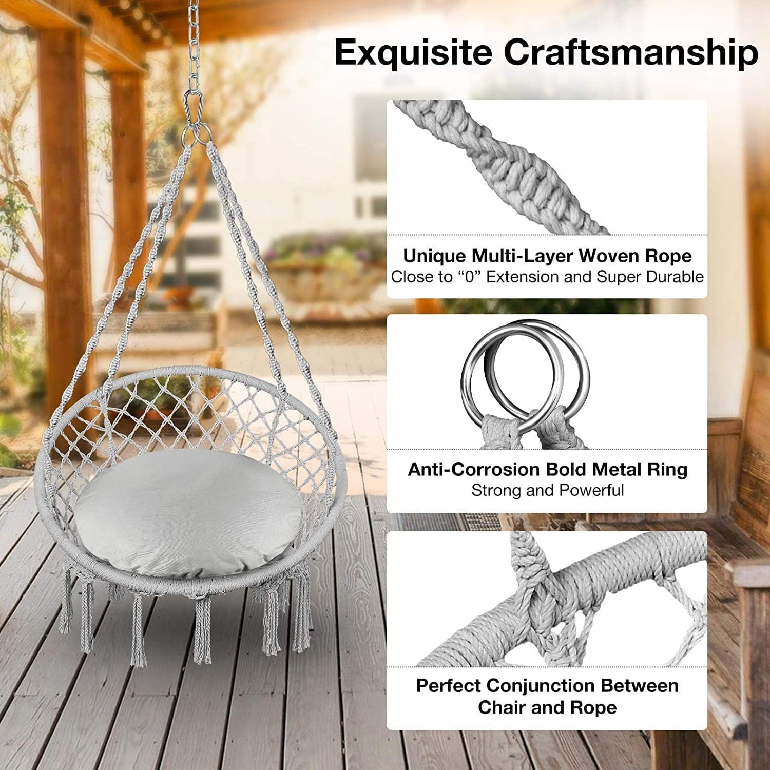 Hammock Chair, TOPIND round Hanging Macrame Swing, Handmade Knitted Cotton Rope Hammock Swing Chair with Hardware Kits, Capacity 330 Lbs, for Indoor, Outdoor, Bedroom, Patio, Yard, Deck, Garden (Grey) - Beige image number 6