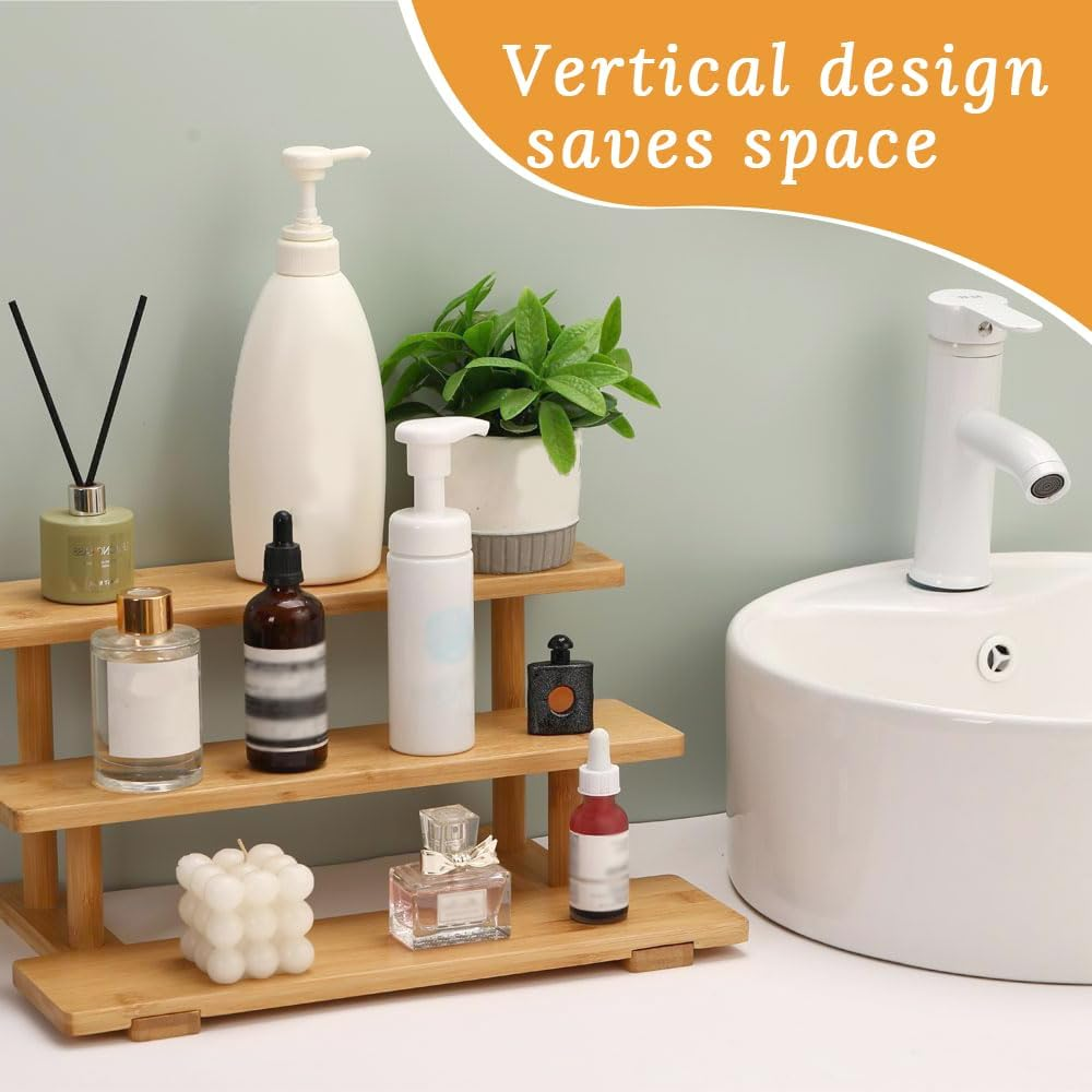 Bathroom Cabinet Storage, Wooden Multi-Layer Storage Rack, Three-Layer Desktop Display Rack, Perfume, Cosmetics, Cakes, Seasoning Storage, Suitable for Bathroom, Kitchen, Restaurant, Home Decoration image number 3