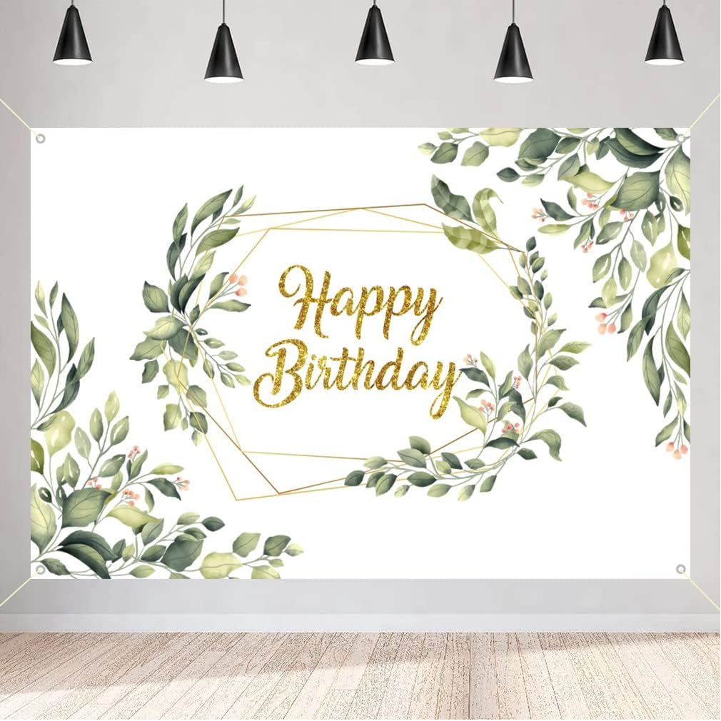 Happy Birthday Backdrop Gold Eucalyptus Greenery Leaves Birthday Banner Birthday Decorations Happy Birthday Photobooth Props for Birthday Party Supplies for Women 150Cm X 90Cm image number 2