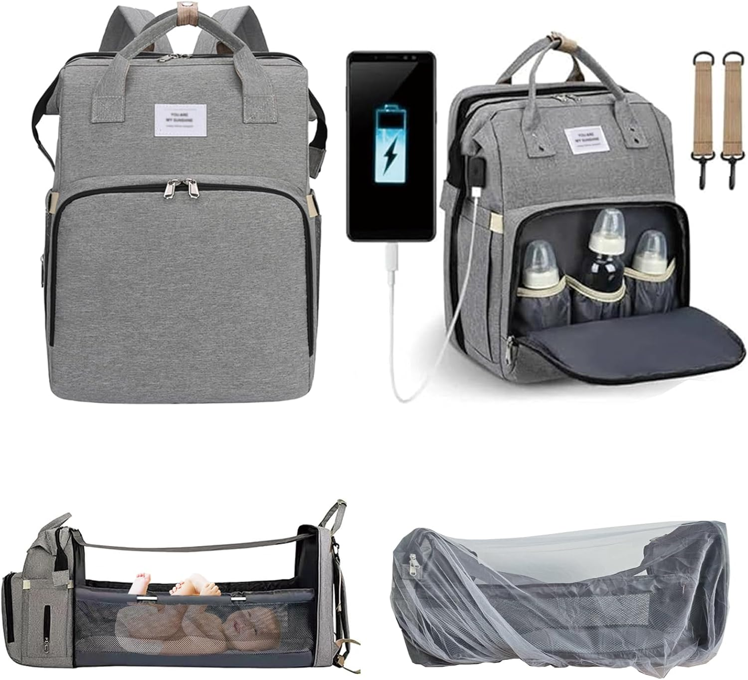 Nappy Bag - Baby Diaper Bag with Changing Pad, USB Charging, Mosquito Net, Sunshade, 35L Large Waterproof Diaper Backpack for Mom Dad image number 6