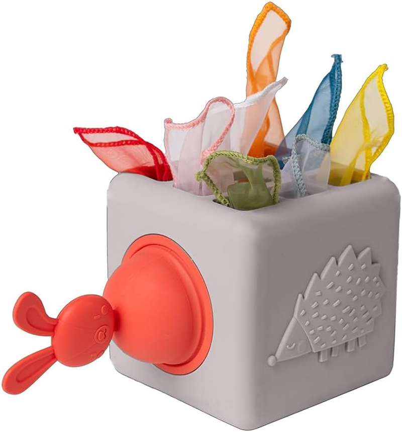 Taf Toys Baby Tissue Box Montessori Toy for Babies - Sensory & Motor Skills Development Silicone Box with 10 Fabric Tissues, Pop-Up Bunny, Toys for 1 Year Old Boy Girl Preschool Toy image number 1