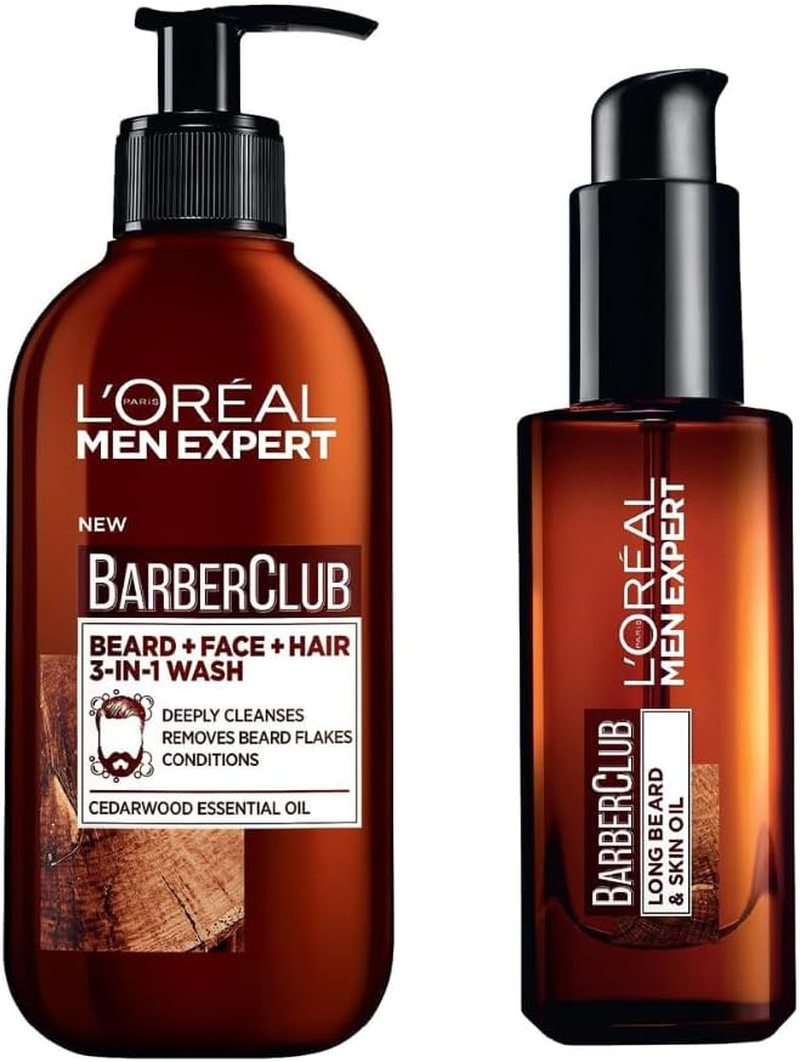 L'Or&eacute;al Paris Men Expert, Barber Club Grooming for Men, Softens Beard & Soothes Irritation, Duo Bundle - 3-In-1 Beard, Face & Hair Wash 200Ml & Beard Oil 30Ml