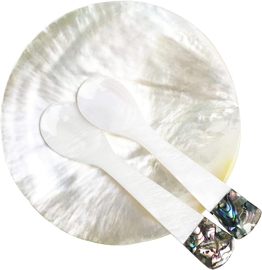DUEBEL MOP Caviar Server Set, Plate plus Set of 2 Mother of Pearl Caviar Spoons with Green Abalone 3.5&rdquo; Decoration for Caviar, Appetizer, Dessert, Egg, Icecream image number 5