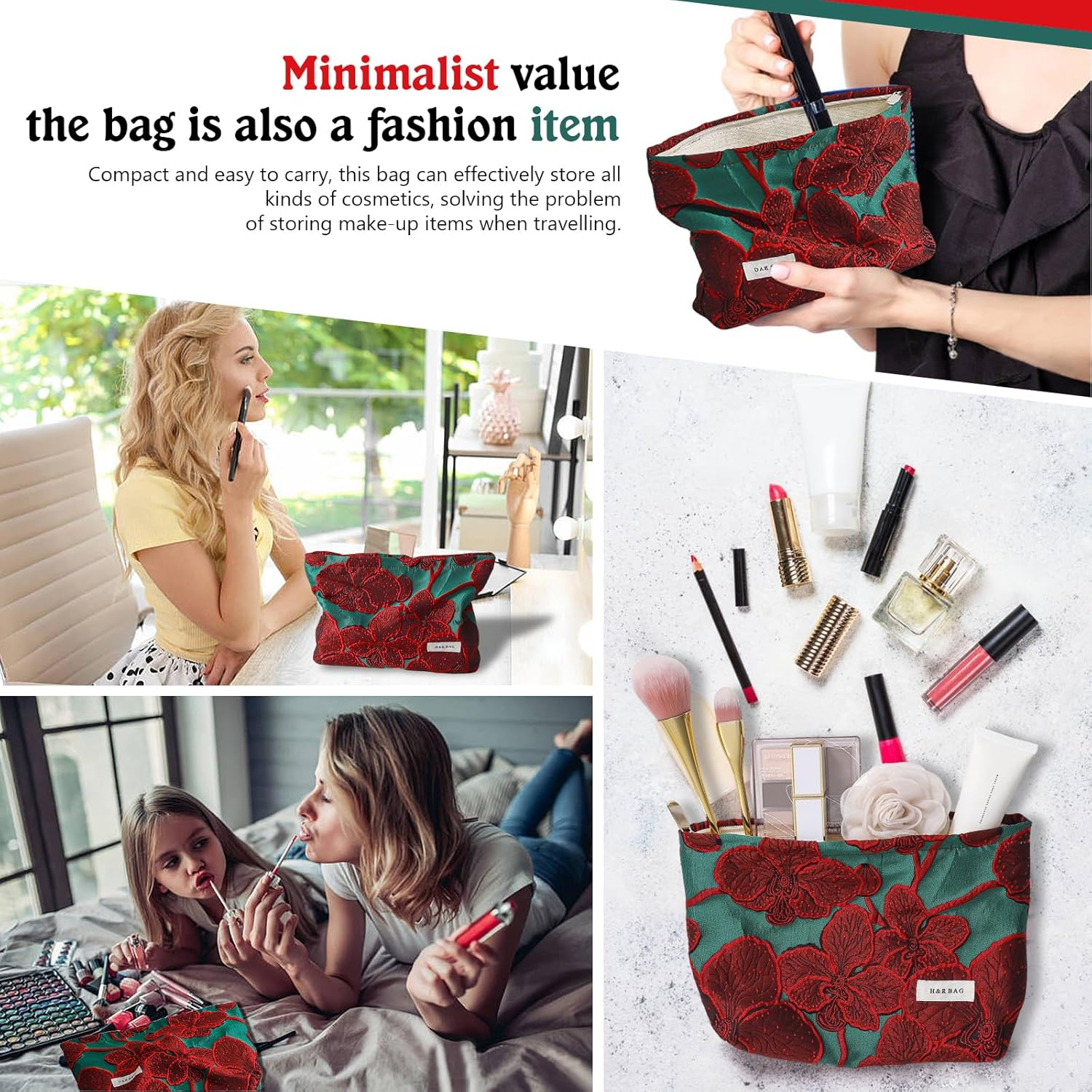 [2-Pack] Vintage Chinese Red Jacquard Makeup Bags Set - Large & Small Travel Cosmetic Organizer Pouches for Women (17Cm & 26Cm) image number 4