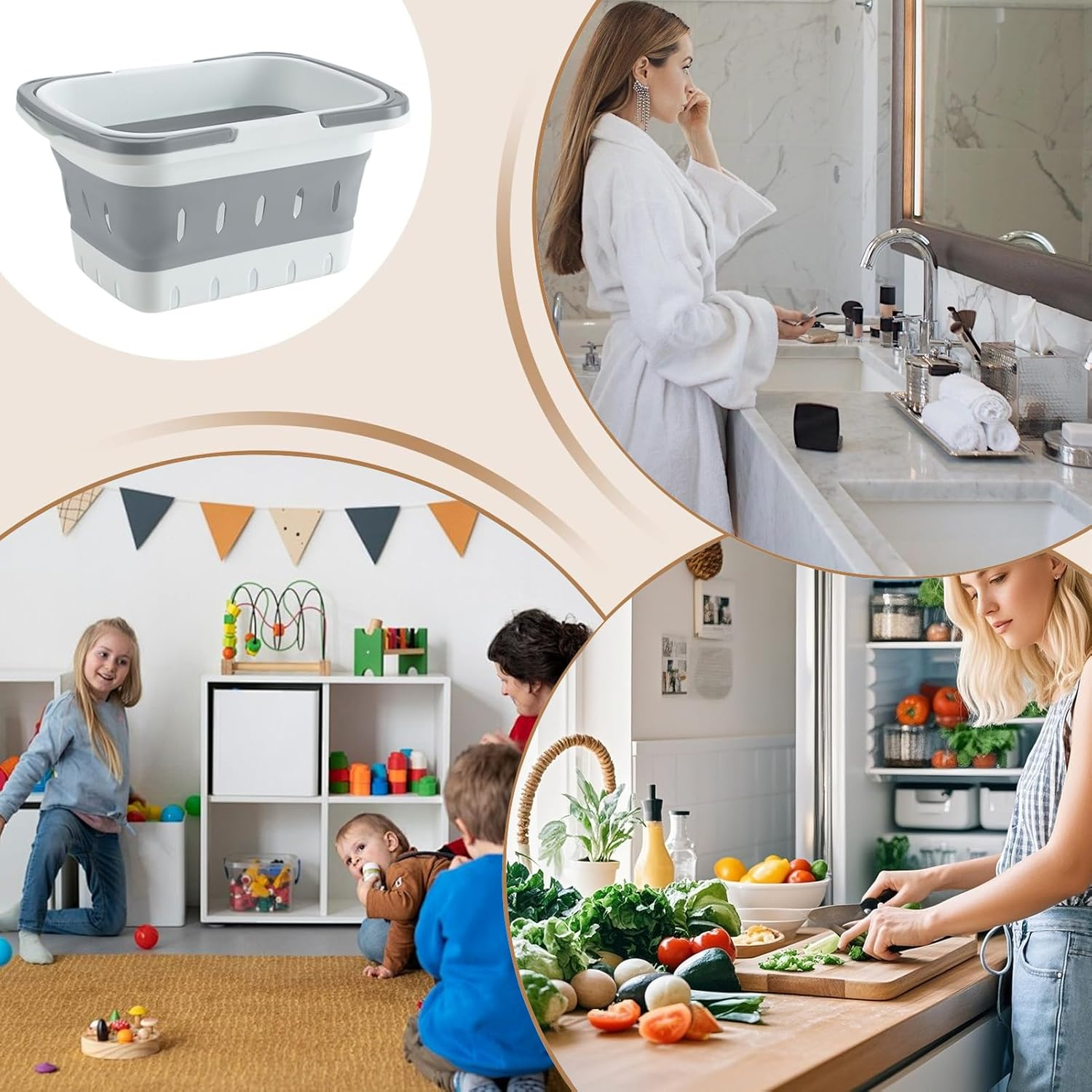 Basket for Shower,Folding Bath Basket with Handle - Portable Shower Organizer for Gym Home Dorm College Apartment RV Camping - Gray image number 4