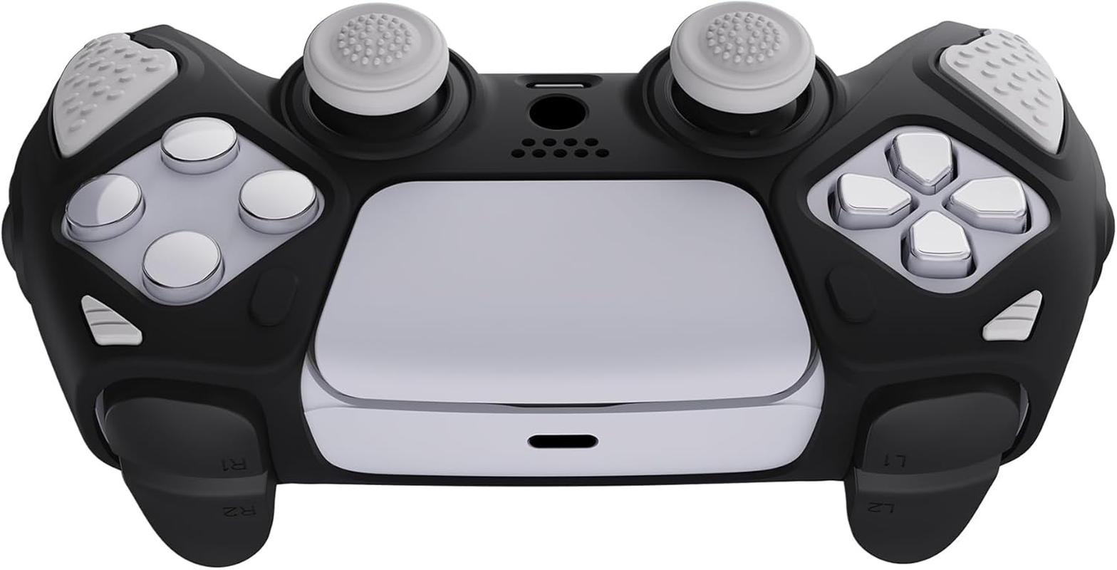 Playvital Knight Edition Black & White Two Tone Anti-Slip Silicone Cover Skin for Ps5 Controller, Soft Rubber Case for Ps5 Wireless Controller with Thumb Grip Caps - Black image number 7