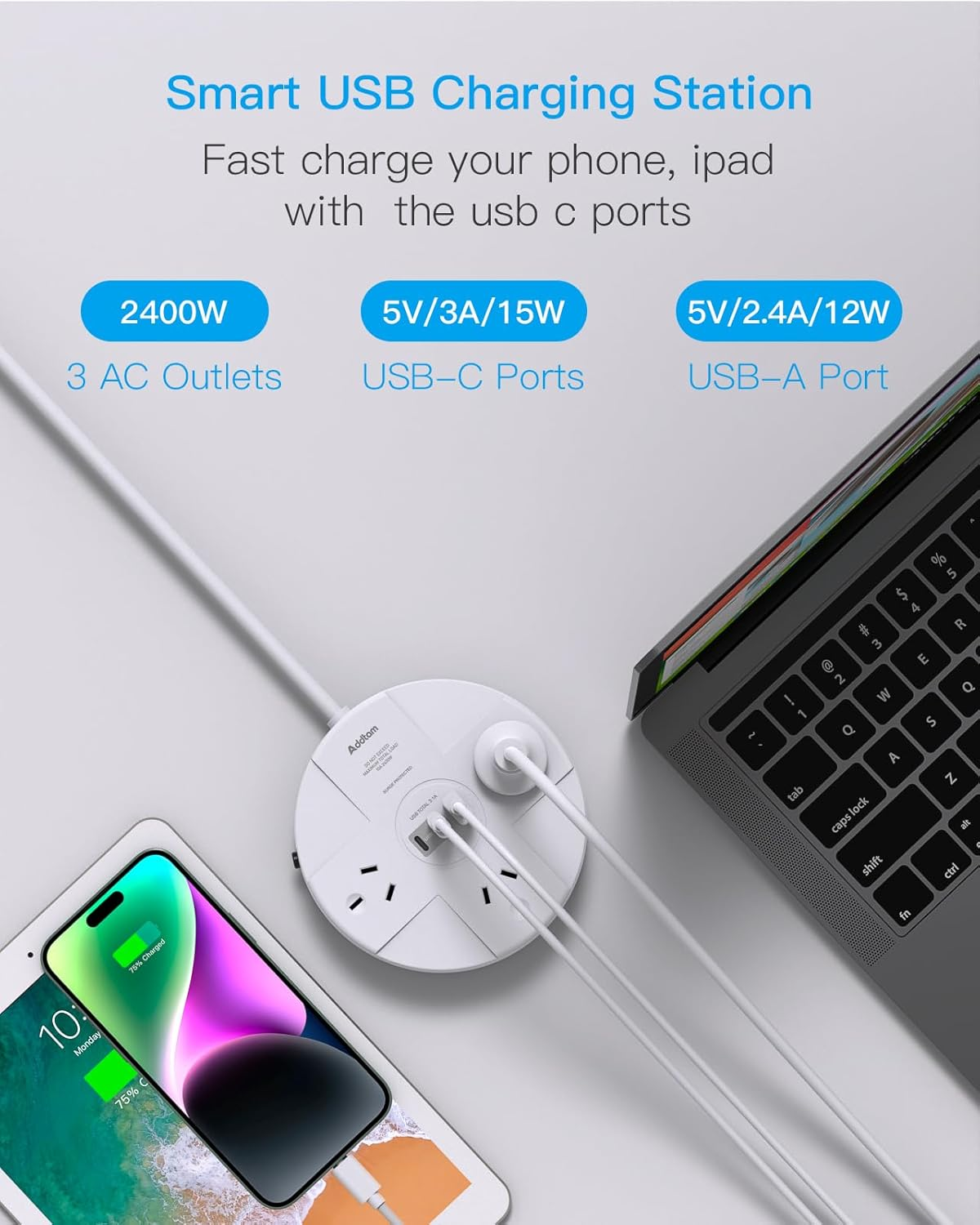 Power Board, Power Strip with 3 AC Outlets and 3 USB(2 USB C and 1 USB A),350J Surge Protection Powerboard, Small Desktop Charging Station with 1.2M Extension Cord for Travel, Home,Office Accessories