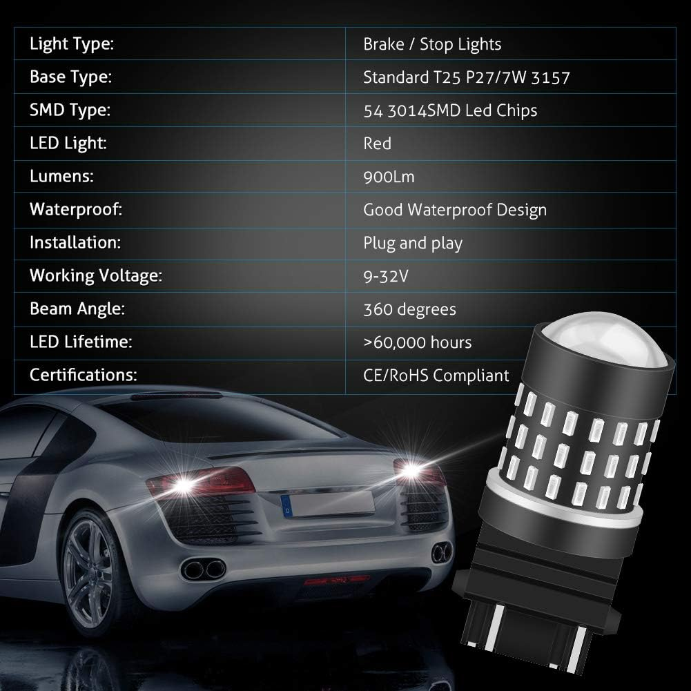 KATUR 3157 3047 3057 3155 3156 Led Light Bulb High Power 3014 54 Chipsets Super Bright 650 Lumens Replace for Turn Signal Back up Reverse Brake Tail Stop Parking RV Lights,Brilliant Red(Pack of 2) image number 2