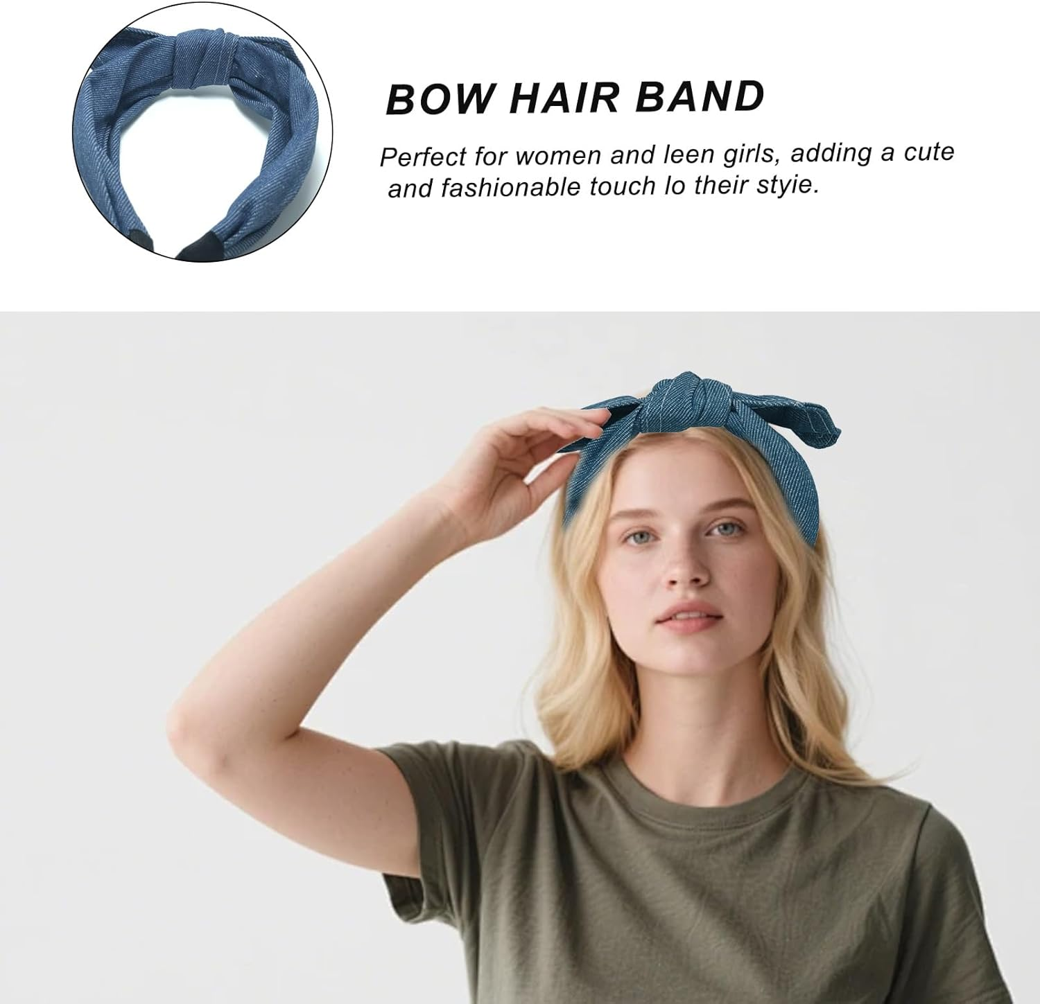 Blue Retro Denim Headband Non-Slip Stretchy Bow Knot Hair Band Wide Top Knotted Headwear Hair Accessory image number 4