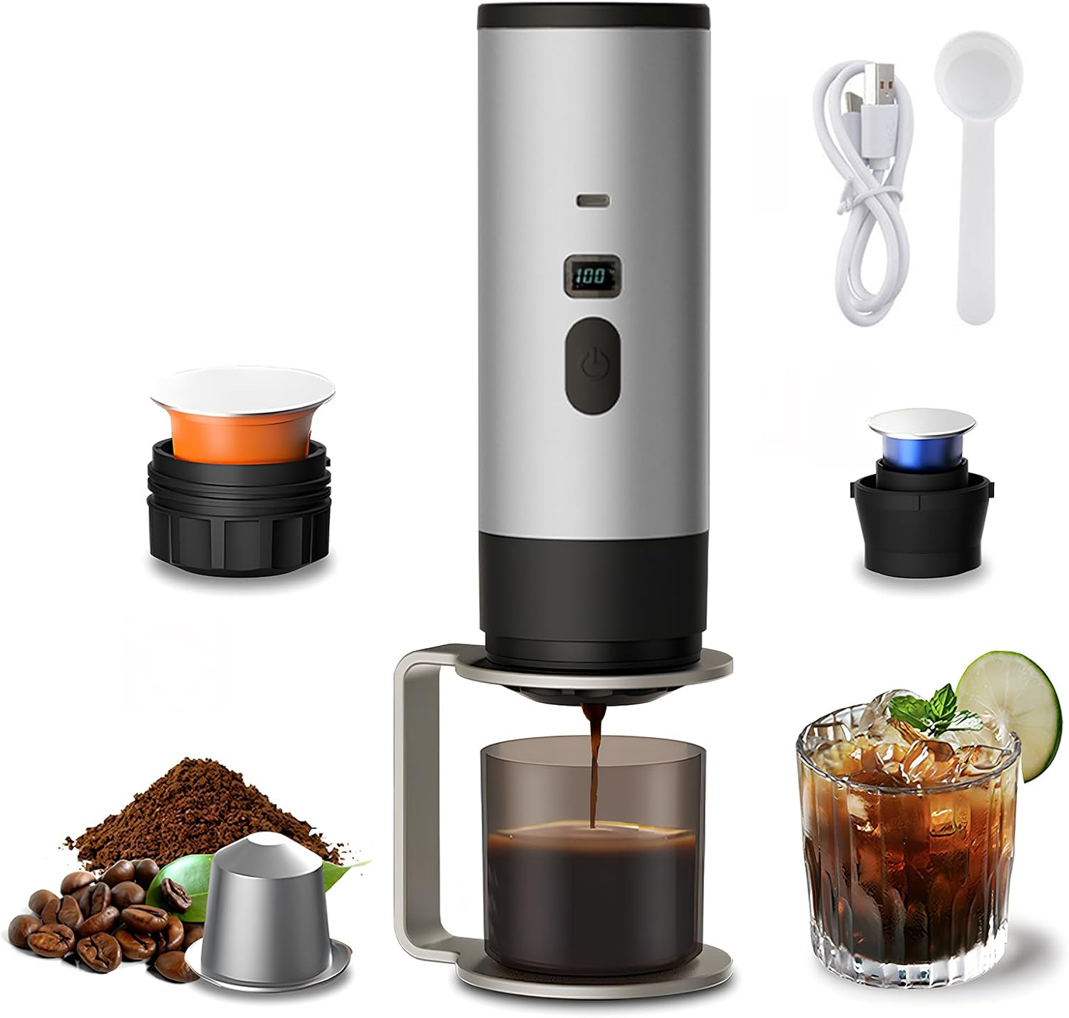 Portable Espresso Machine,Usb Rechargeable Cordless Travel Coffee Maker,20Bar Self Heating Espresso Coffee Machine,Compatible with NS Capsules & Ground Coffee for Camping, Hiking, Office (Orange)