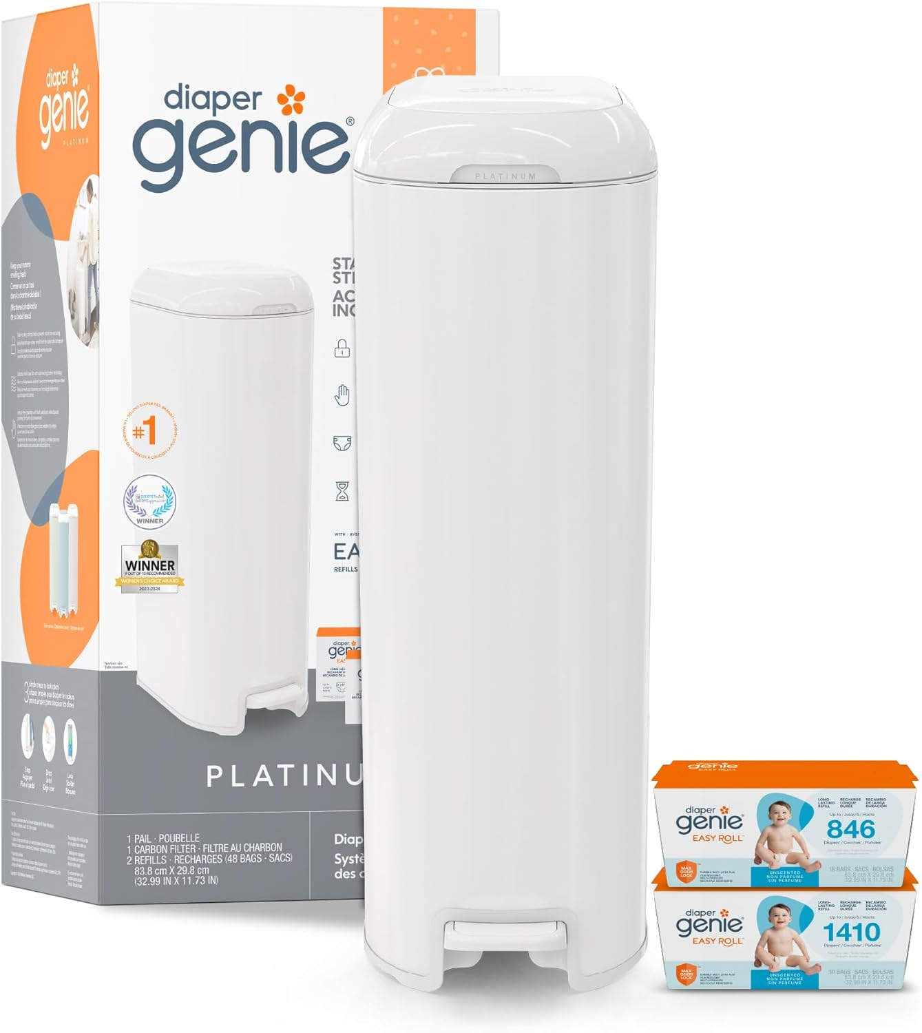 Diaper Genie Platinum Pail Gift Set, Lily White, Made of Durable Stainless Steel and Includes 2 Easy Roll Refills with 48 Bags. image number 1