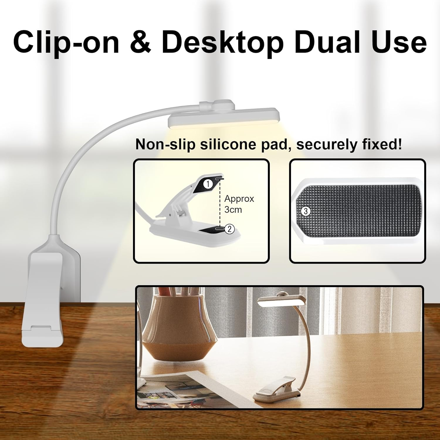 LUTW 24 LED Rotatable Book Light, 3 Eye-Friendly Colours and 5 Brightness Reading Light, Stepless Dimming, 1000Mah Rechargeable Clip on Light, Long Battery Life, Flexible Arm, Lightweight, White image number 1