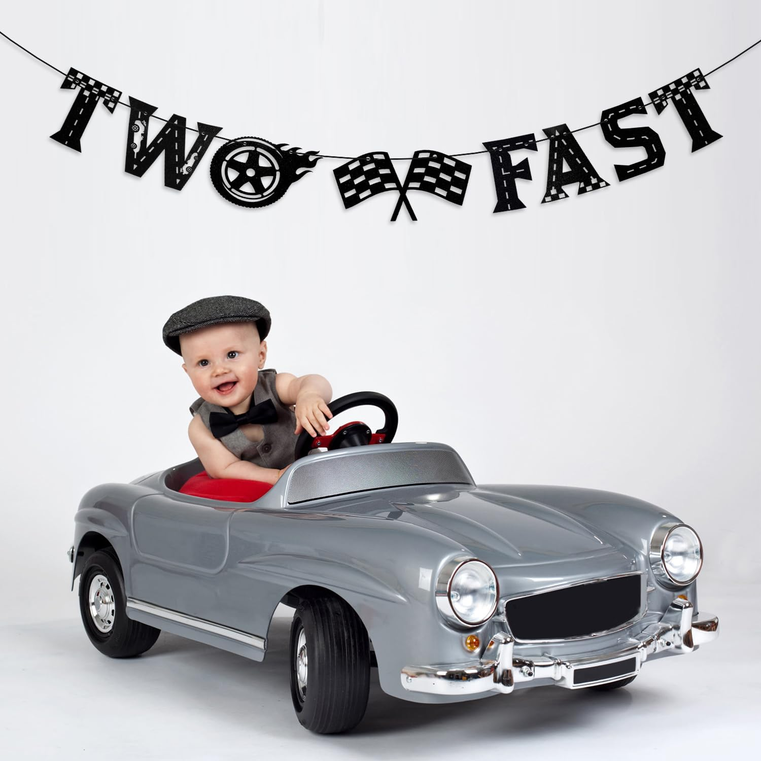 Two Fast Banner, Black Two Fast Birthday Banner Racing Car Birthday Party Decorations Paper Pre-Assembled Two Fast Birthday Decorations for Parties image number 1
