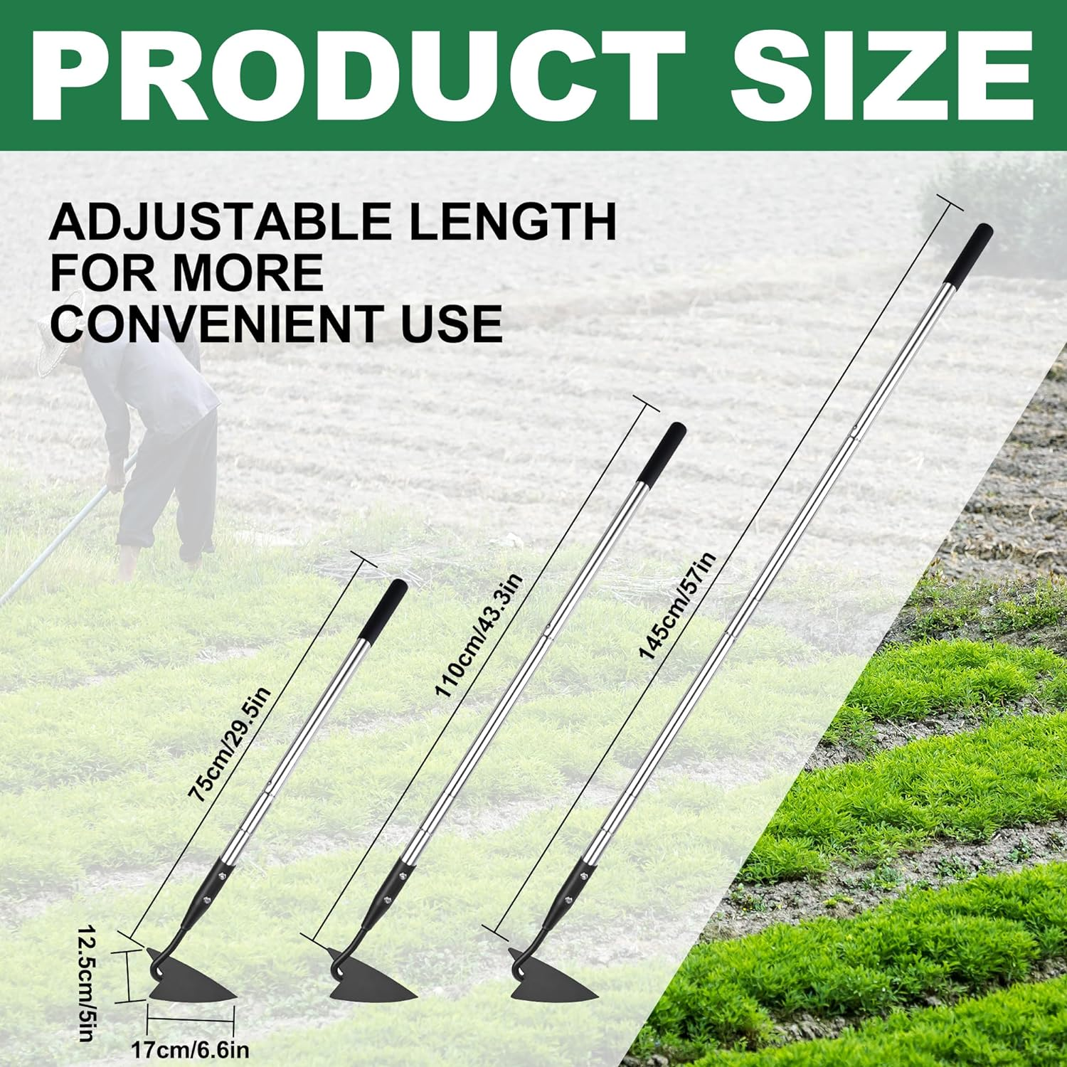 Warren Hoe, Carbon Steel Triangle Garden Hoe with Stainless Steel 57" Adjustable Long Handle, Heavy Duty Gardening Hand Tools Hoe for Ridging Weeding Digging Loosening Edging Soil, Balck image number 5