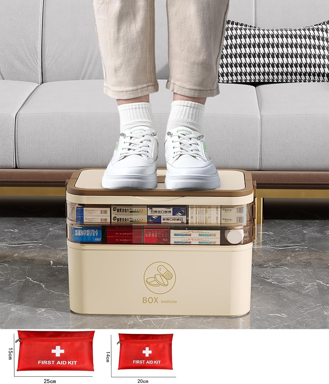 3-Tier Medicine Storage Box,Portable Medicine Organizer. Multipurpose Storage Box with Handle for Home & Travel, Ideal for Emergency First Aid (White) image number 3