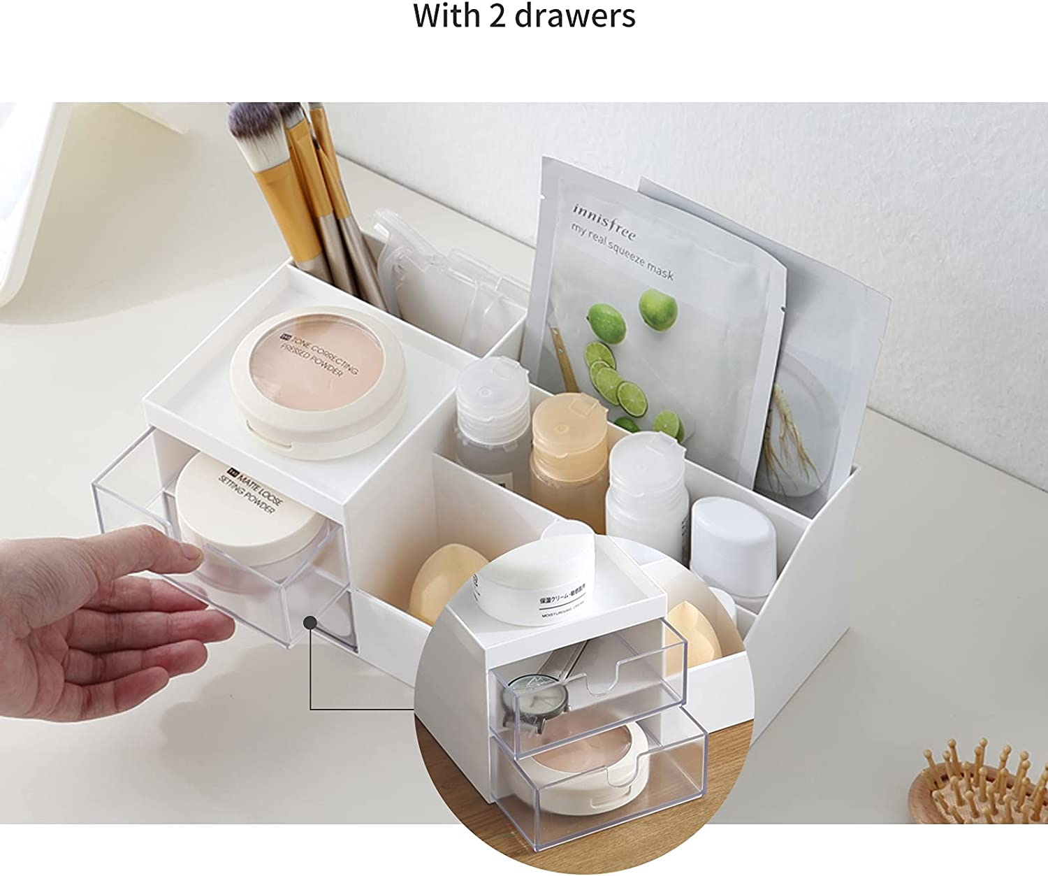 NWK Desk Makeup Organiser with Brush Holder, Skincare Cosmetic and Perfume Storage, Bathroom Organiser for Lipsticks, Nail Care, Jewelry, Office, 2 Drawers and 11 Compartments (White) image number 2