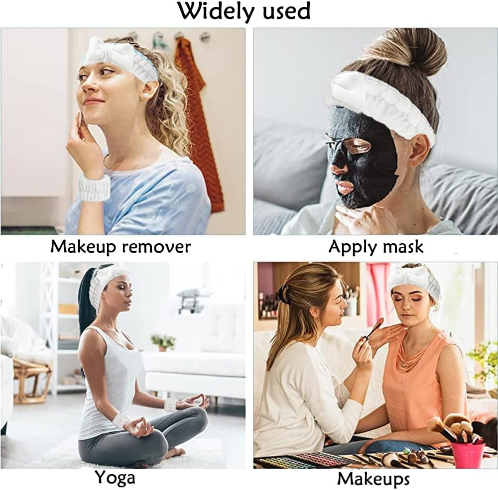 Wnddle 3 Piece Spa Face Headband Wrist Wash Strap Set, Spa Bowknot Hair Bands, Soft Makeup Hair Band, Elastic Wrist Sweatband, for Women Showering Face Washing Yoga Sports image number 4