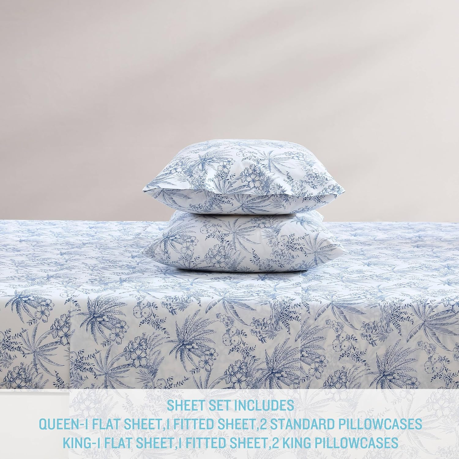 Tommy Bahama - King Sheets, Cotton Percale Bedding Set, Crisp & Cool, Stylish Home Decor (Pen and Ink Palm Blue, King)(Ushsa01035855)