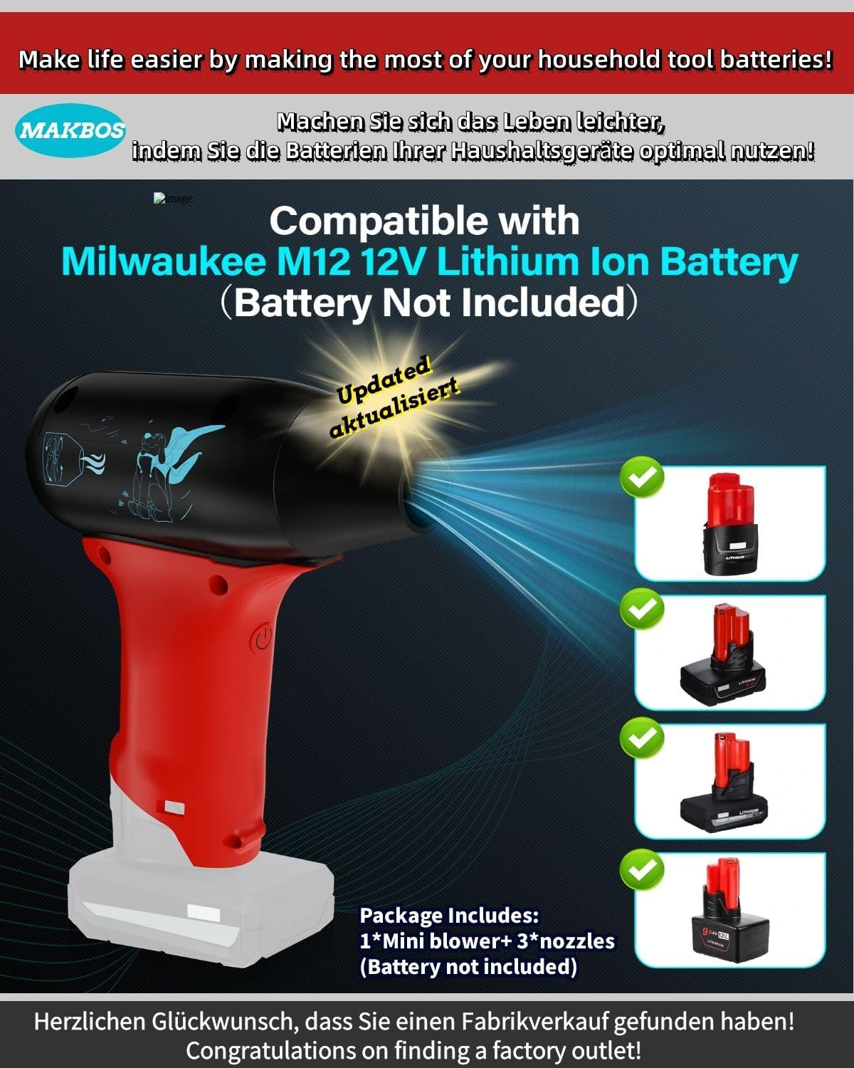 Blower Leaf Blower for Milwaukee 12 V M12 Battery, Mini Jet Dry Blower, Compressed Air Duster, Dust Blower, Electric Dust Blower 130,000 RPM High Speed Blower, Turbo Dryer Car (No Battery) image number 1