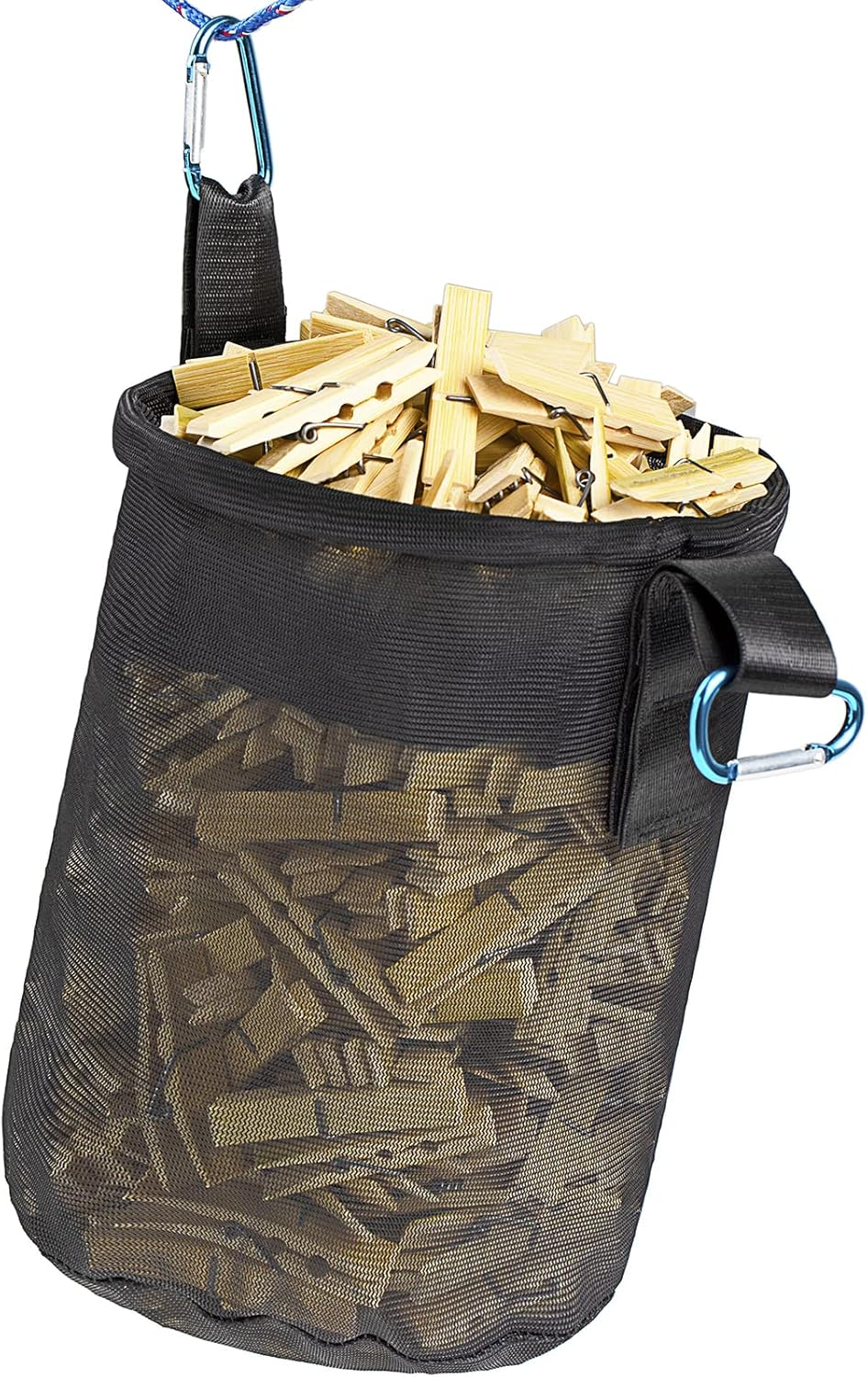 Mesh Clothespin Bag Holder Outside, Multiple Hanging Methods Clothes Pin Bag with Drawstring Closure, Ventilation and Moisture Resistance, Large-Capacity Clothespin Storage Organizer with Hooks
