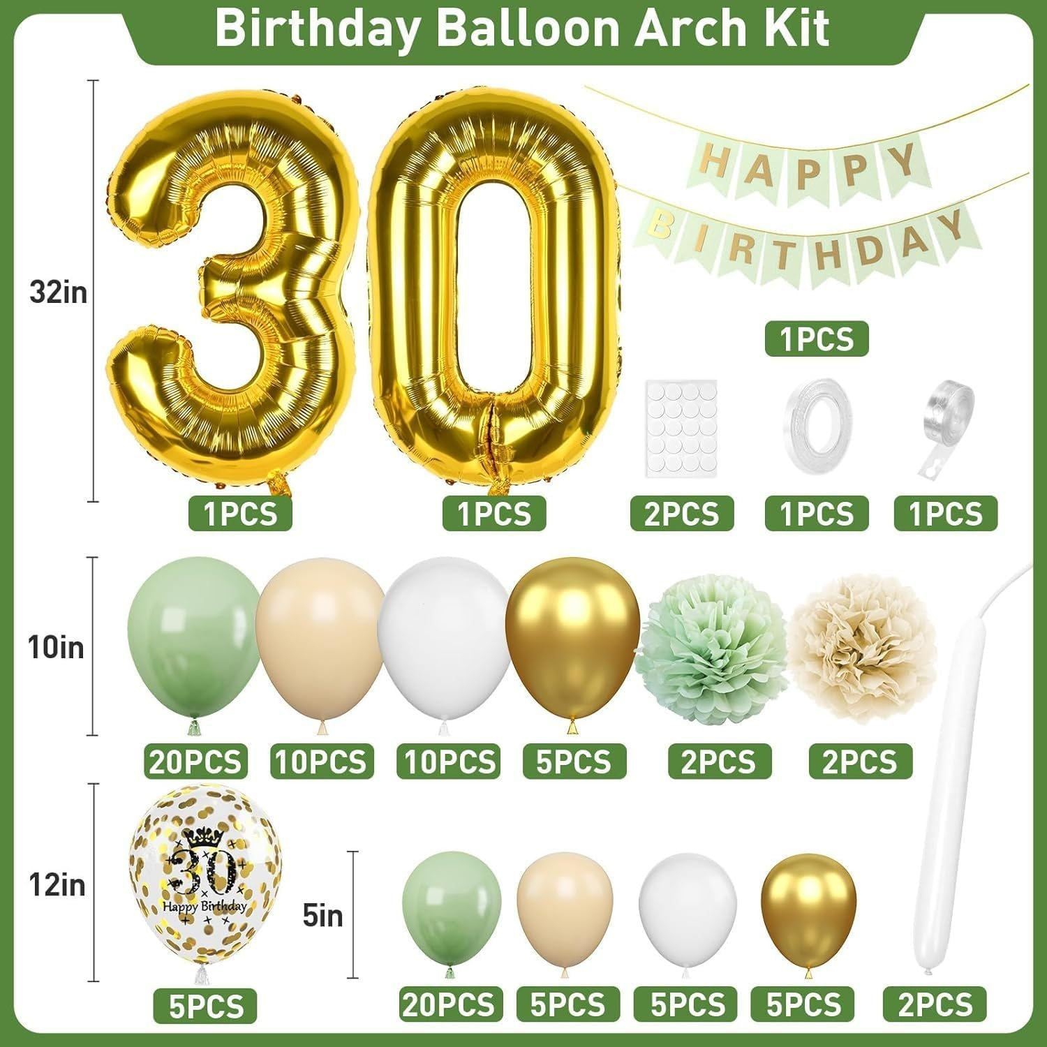 30Th Birthday Party Decorations Sets Sage Green Gold 30Th Birthday Balloon Arch Garland Kit with Giant Number 30 Foil Balloons,Banner for Women Men Party Decor(Sage Green) - Sage Green image number 2