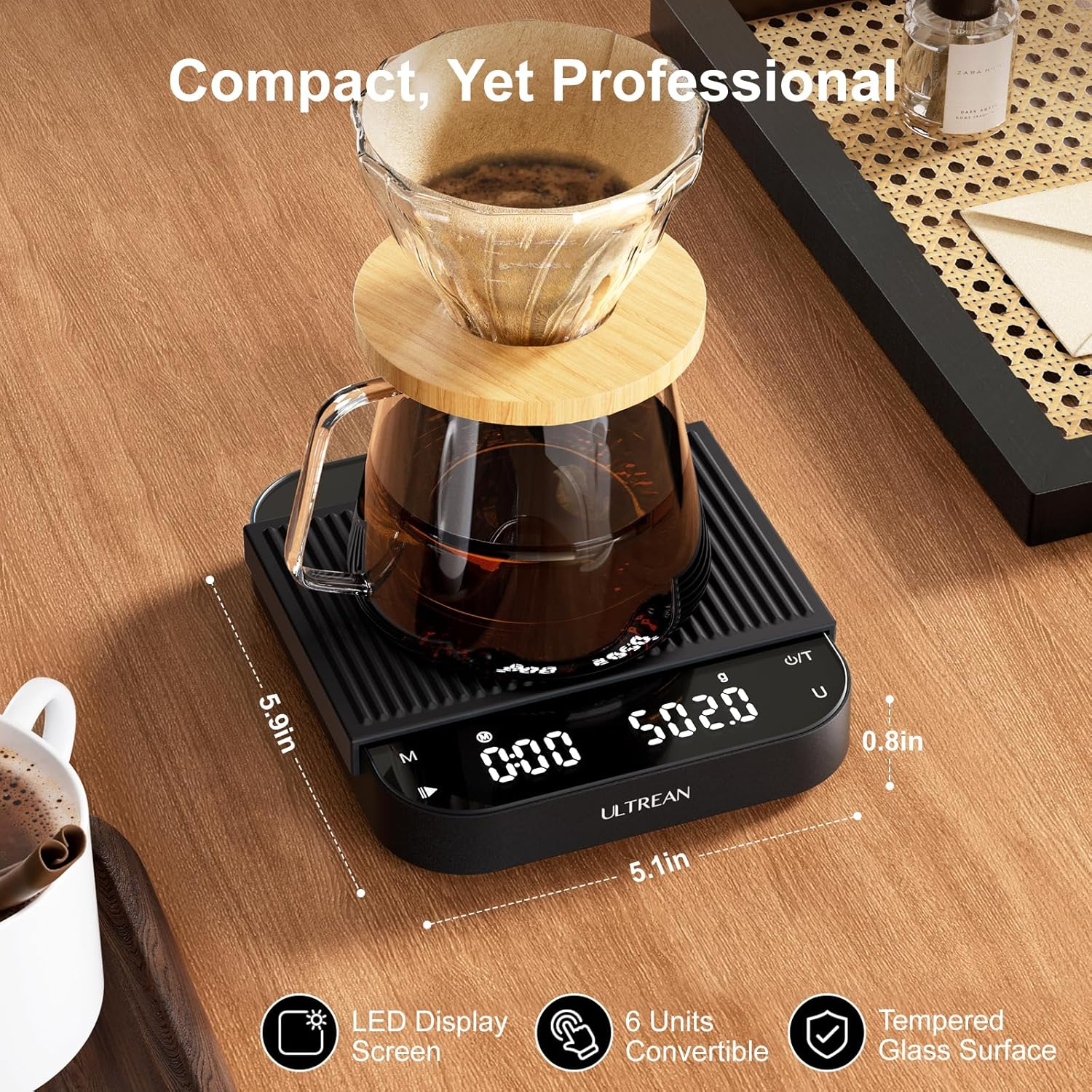 Ultrean Coffee Scale with Timer, 3Kg/0.1G High Precision Drip Espresso Scale with Auto Tare, Rechargeable Kitchen Food Scale with Digital LED, Touch Sensor and Silicone Cover, 6 Units, Black image number 1