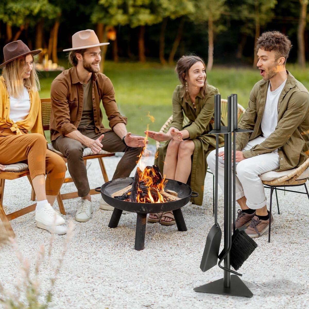 4PCS Fireplace Tool Set Firepit Accessories Poker Fire Shovel Brush Stand Black Cast Iron image number 3