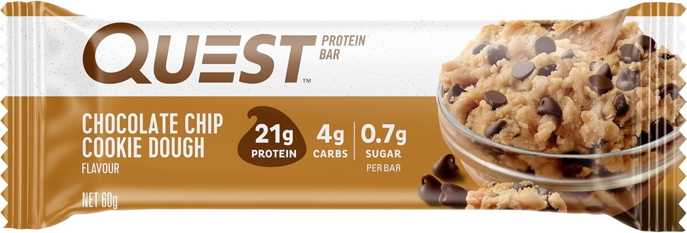 Quest Nutrition Chocolate Chip Cookie Dough Protein Bar, High Protein, Low Carb, Keto Friendly, 4 Count