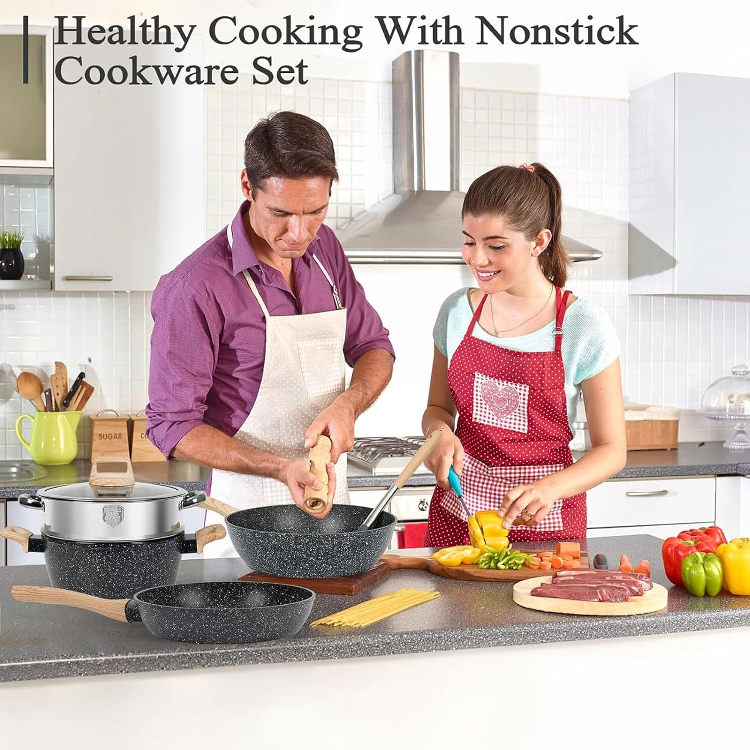 Black Pots and Pans Set, Induction Non Toxic Healthy Kitchen Cooking Set with Frying Pans, Granite Nonstick Cookware Sets, Saucepans, Steamer, PFAS PTFE PFOA PFOS Free, 12Packs image number 6