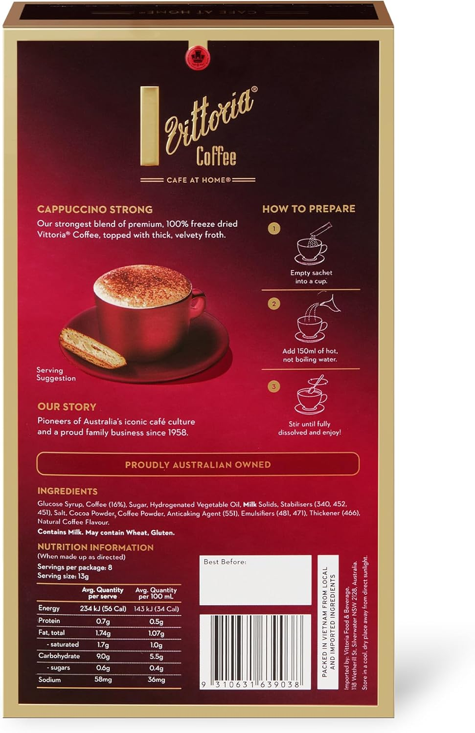 Vittoria Coffee Cappuccino Strong Instant Coffee Sachets - 100% Freeze Dried Premium Coffee. Strong Blend Topped with Thick, Velvety Froth. Ready to Mix, Just Add Hot Water. 8 Serves image number 1