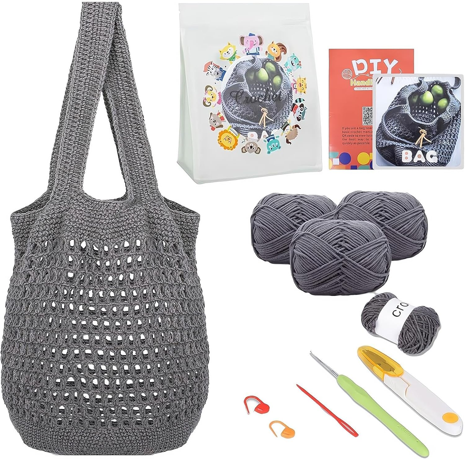 REGODI Beginner Crochet Kit with Video Tutorials - Gray Granny Square Tote Bag for Adults, Easy Knitting Kit for Beginners, DIY Craft Projects image number 5