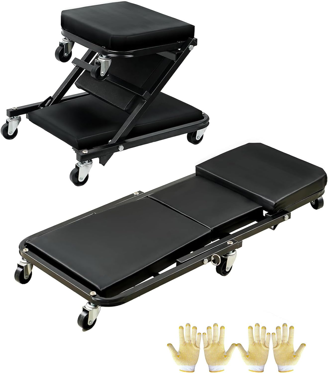 36 Inches 2 in 1 Z Creeper Seat 300 Lbs Capacity Garage Chair Adjustable Rolling Folding Car Creeper with 6 Pcs Wheels, Black, Modern Style image number 3