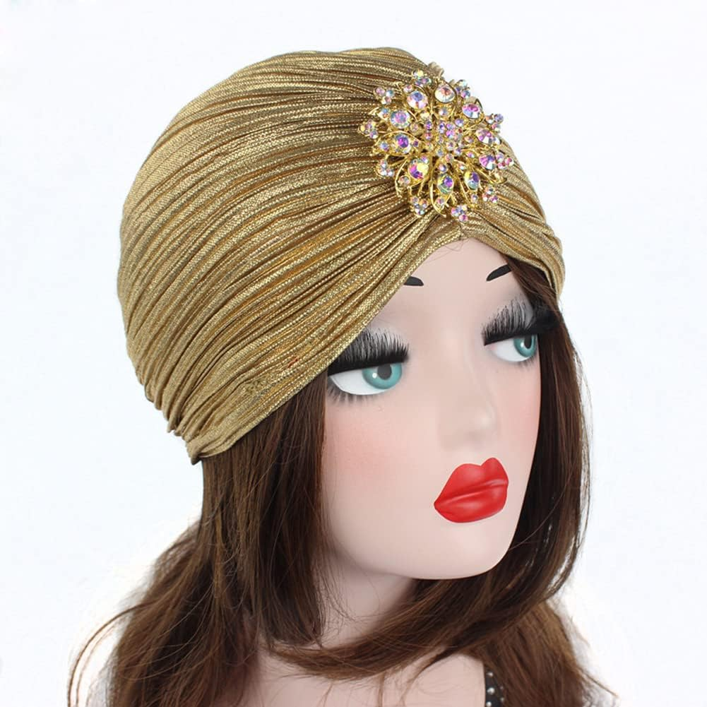 Women Vintage Turban Hat with Rhinestones Flower Decoration Beanie Cap Headwrap for 1920S Gatsby Costume Cocktail Party - Dark Gold image number 6