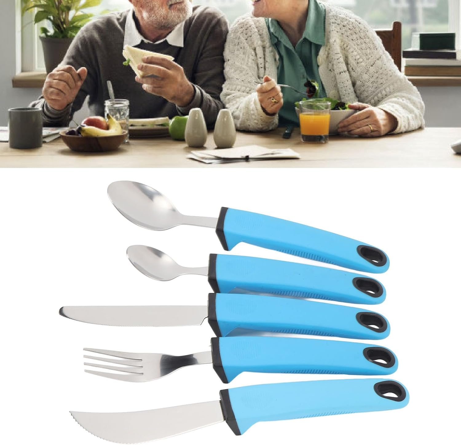 5Pcs Adaptive Cutlery Set, anti Shake Adaptive Utensils Set, Adaptive Flatware Set, with Nonslip Handle for Hand Tremors, Arthritis, Parkinson or Elderly Use (Blue) - Blue image number 3